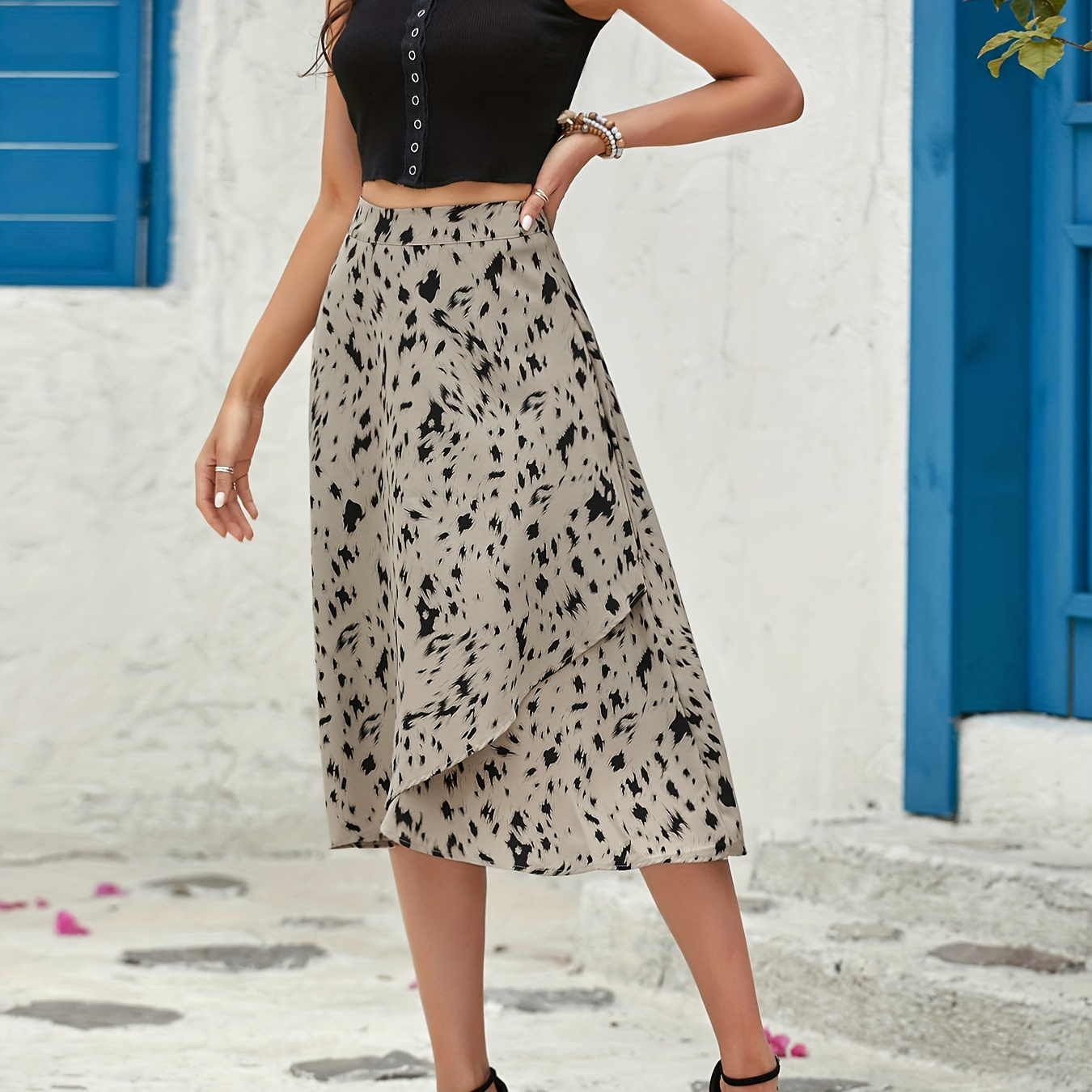 

Asymmetrical Hem Allover Print Skirt, Elegant High Waist Midi Skirt For Spring & Summer, Women's Clothing