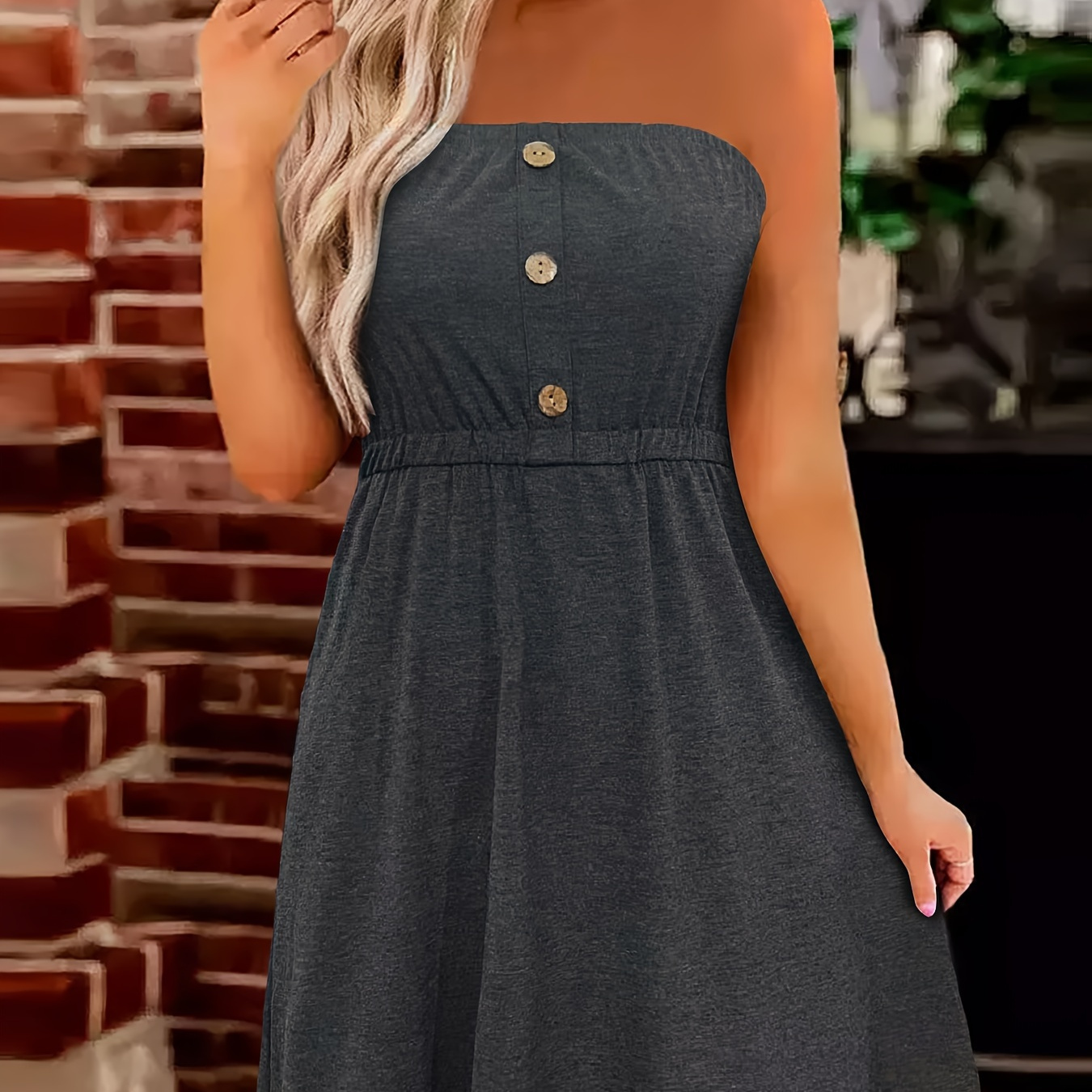 

Button Decor A-line Tube Dress, Casual Strapless Cinched Waist Knee Length Dress, Women's Clothing