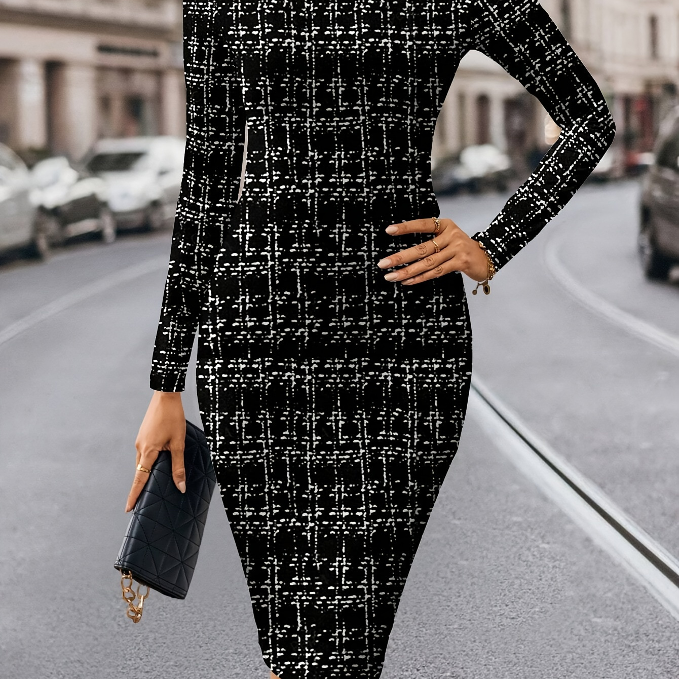 

1pc Elegant Polyester Knit Dress For Women - Fitted Crew Neck Long Sleeve Midi Dress For Spring/fall - Chic Office To Evening Wear