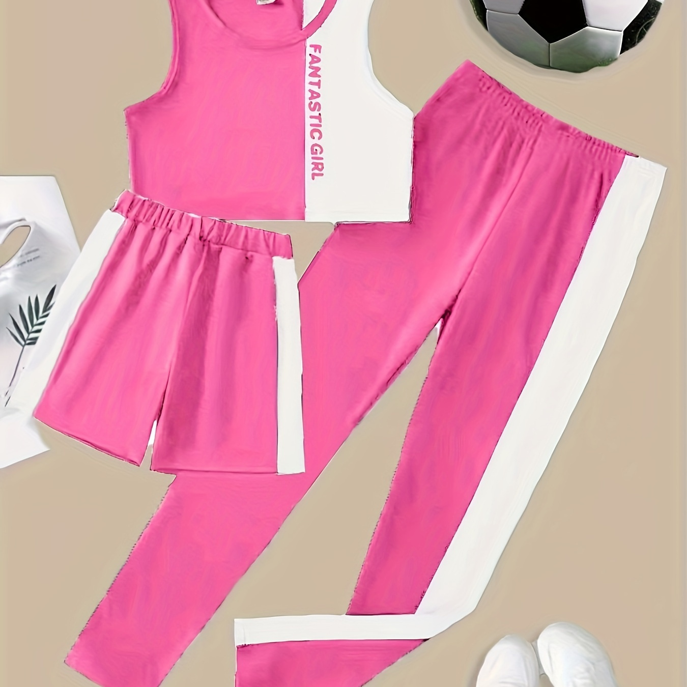 

3pcs Girls Casual Tracksuit, Color Block Sports Crop Top & Shorts & Pants, Breathable Summer Active Wear Outfit
