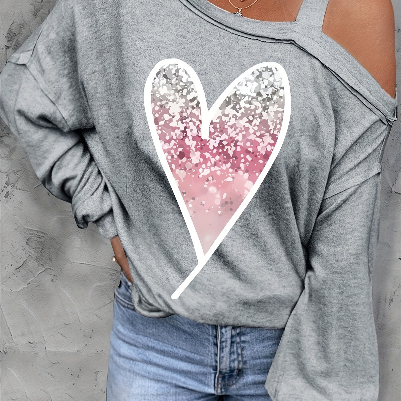 

Gray Heart Cherry Asymmetrical Shoulder Top Long Sleeve Top