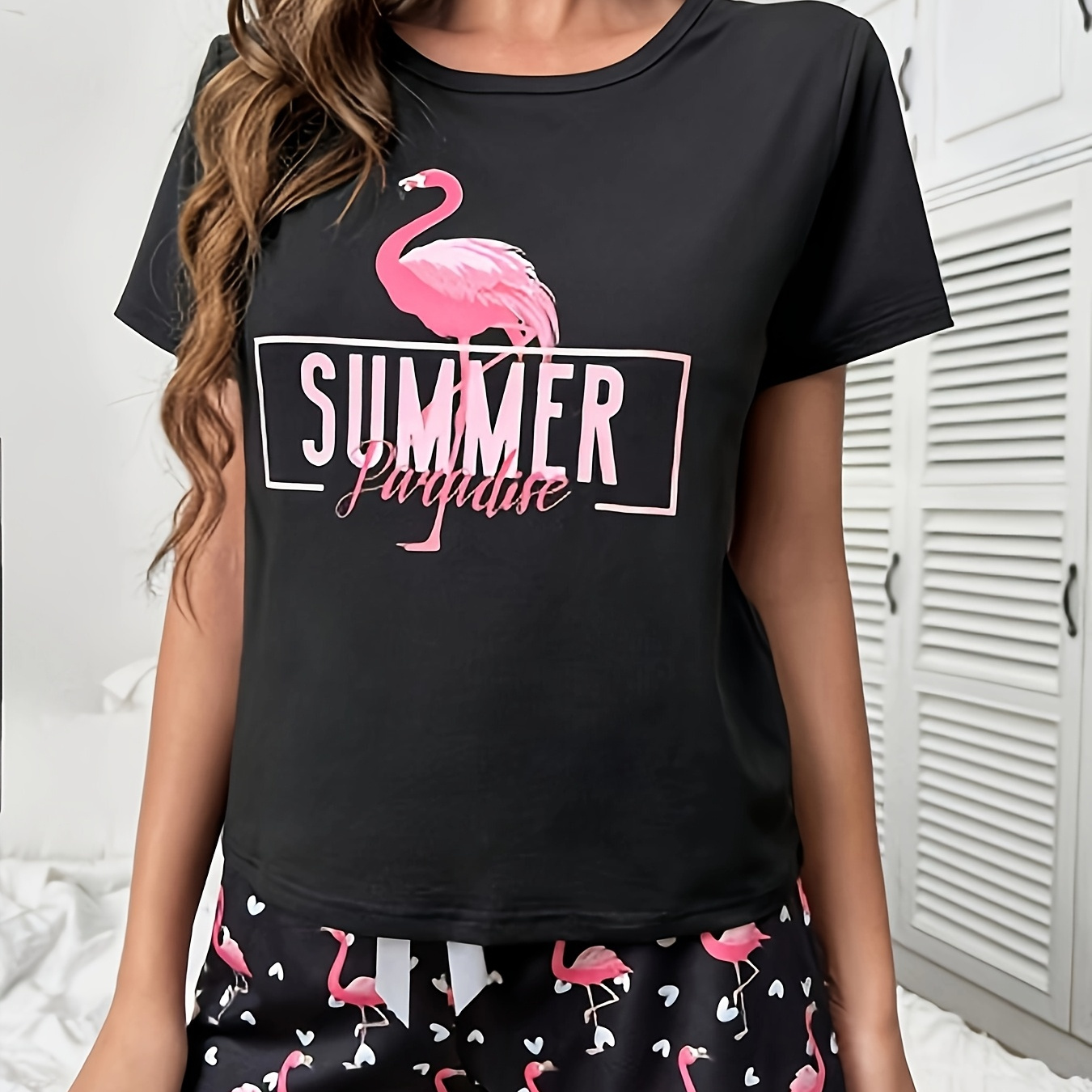 

Women's Casual Flamingo & Letter Print Pajama Set - Black Short Sleeve Top & Shorts, Soft Polyester , Spring/summer, Machine Washable