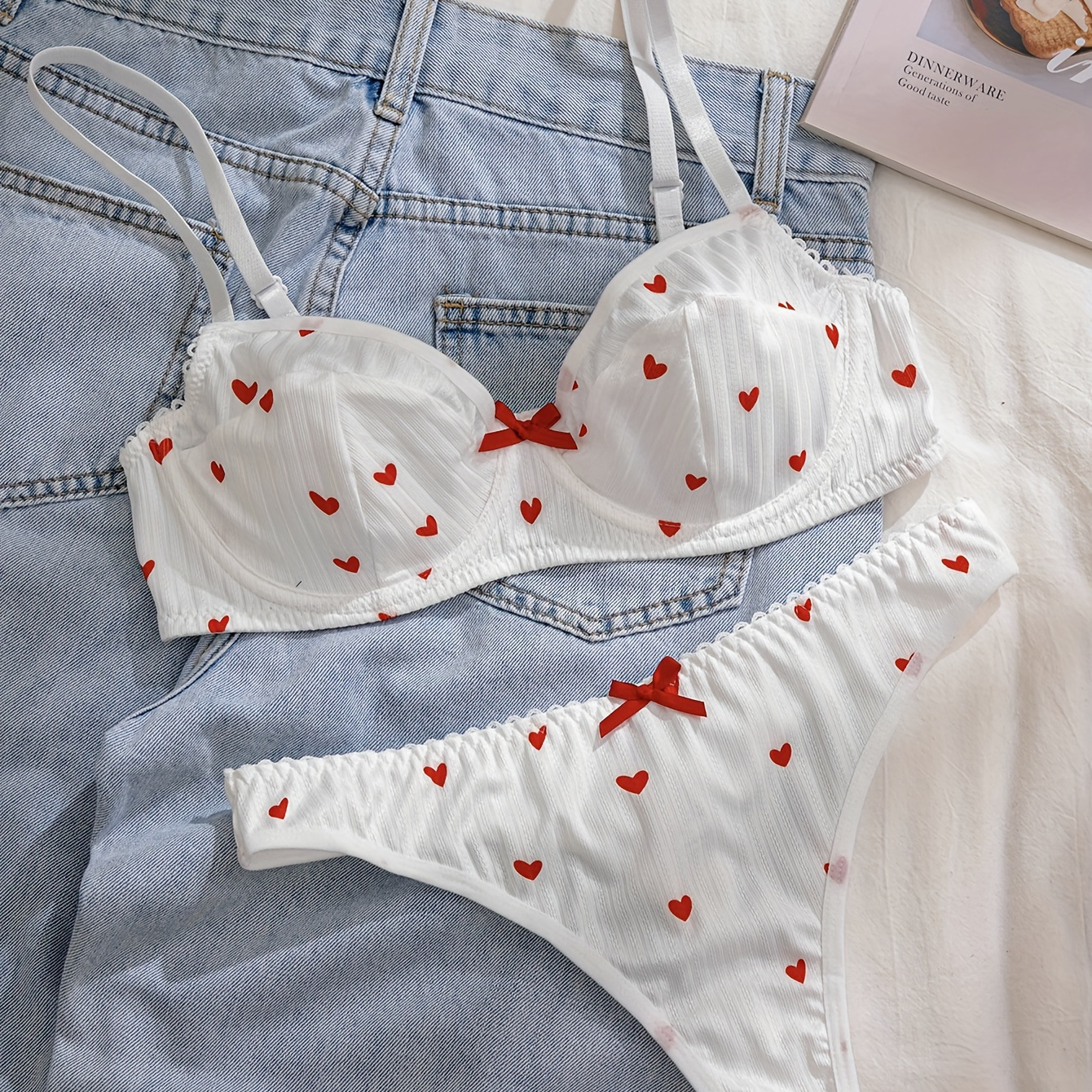 

Women's Elegant Bow-knot Lingerie Set, Heart Print, Comfortable Underwear, Bra And Panty Ensemble, Breathable Fabric, White With Red Accents, Daily Wear