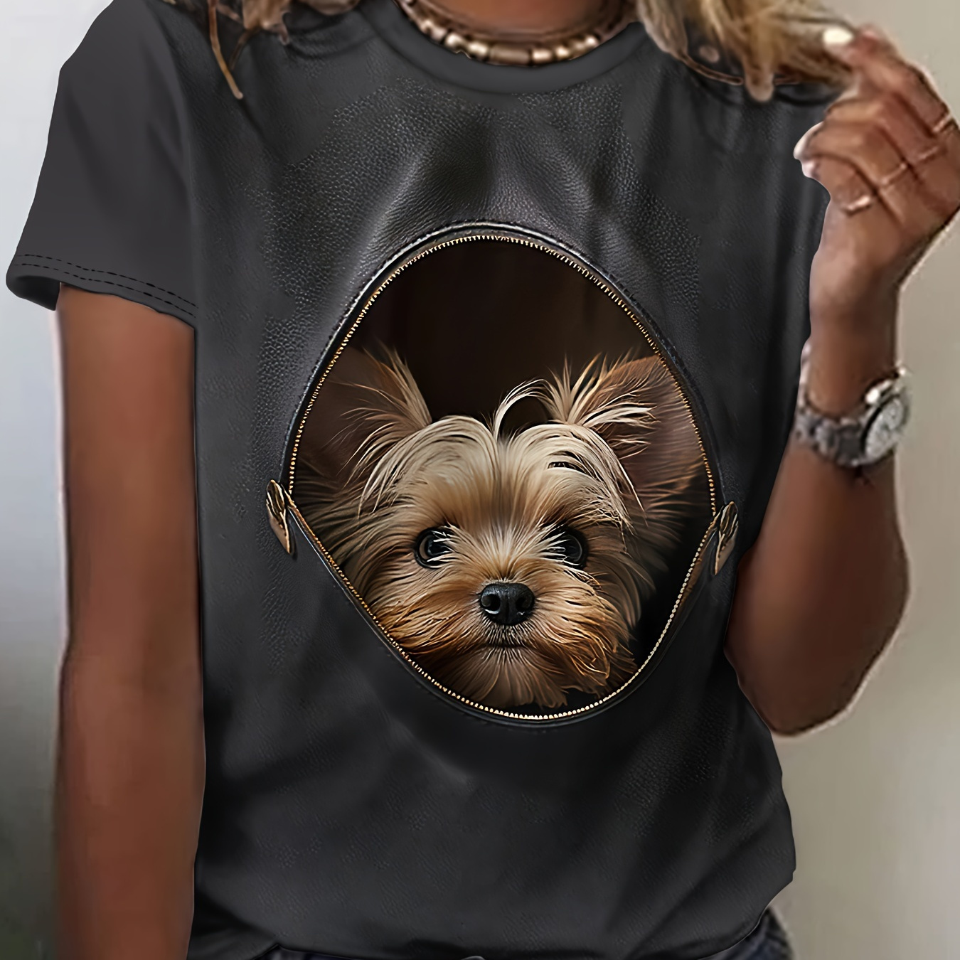 

T-Shirt Imprimé 3D Yorkshire Terrier pour Femme - Style Décontracté, Manches Courtes, Col Rond, Polyester, Lavable en Machine, Noir avec Détail de Fermeture Éclair, T-Shirts pour Dames