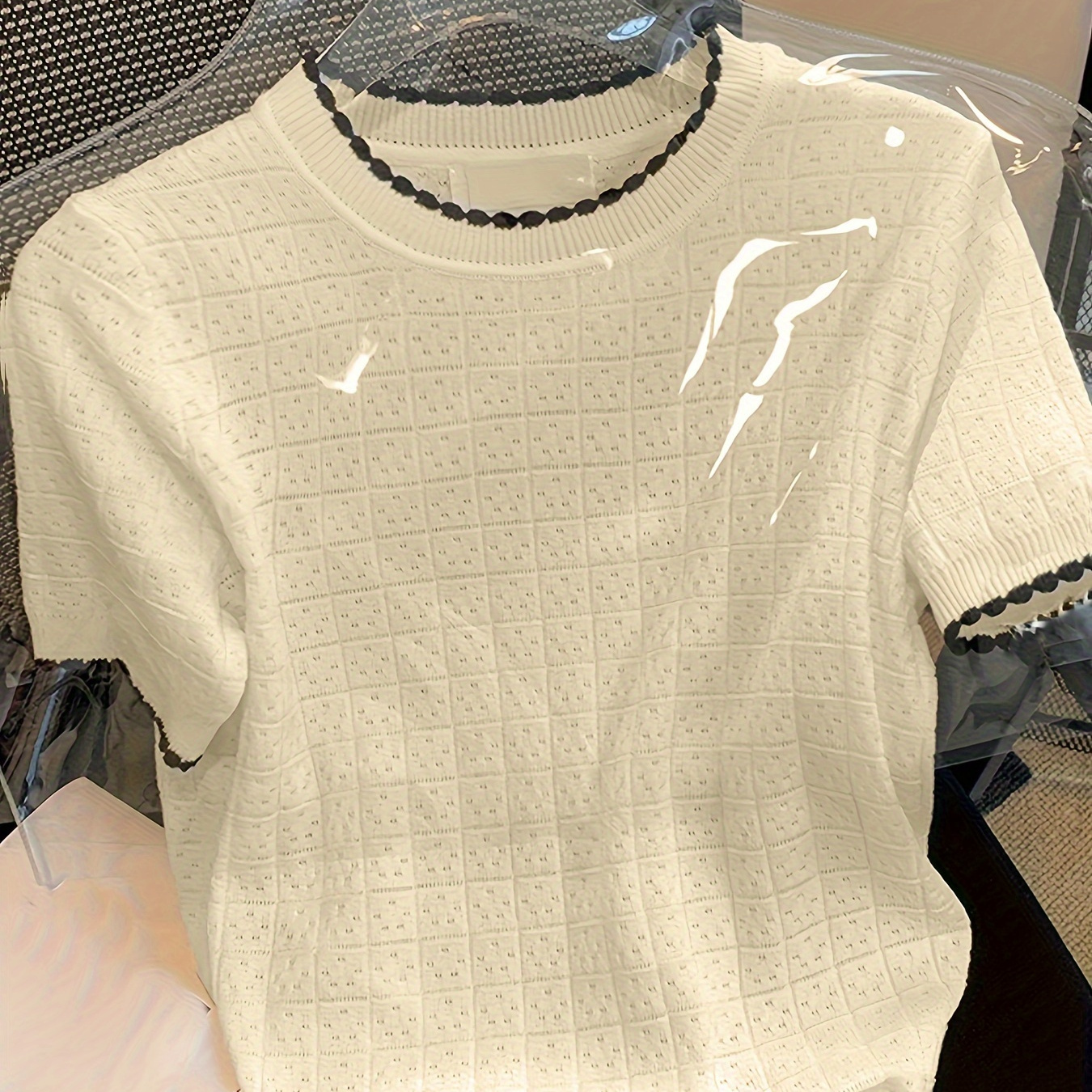 

Contrast Trim Knitted Sweater, Casual Short Sleeve Top For Spring & Summer, Women's Clothing