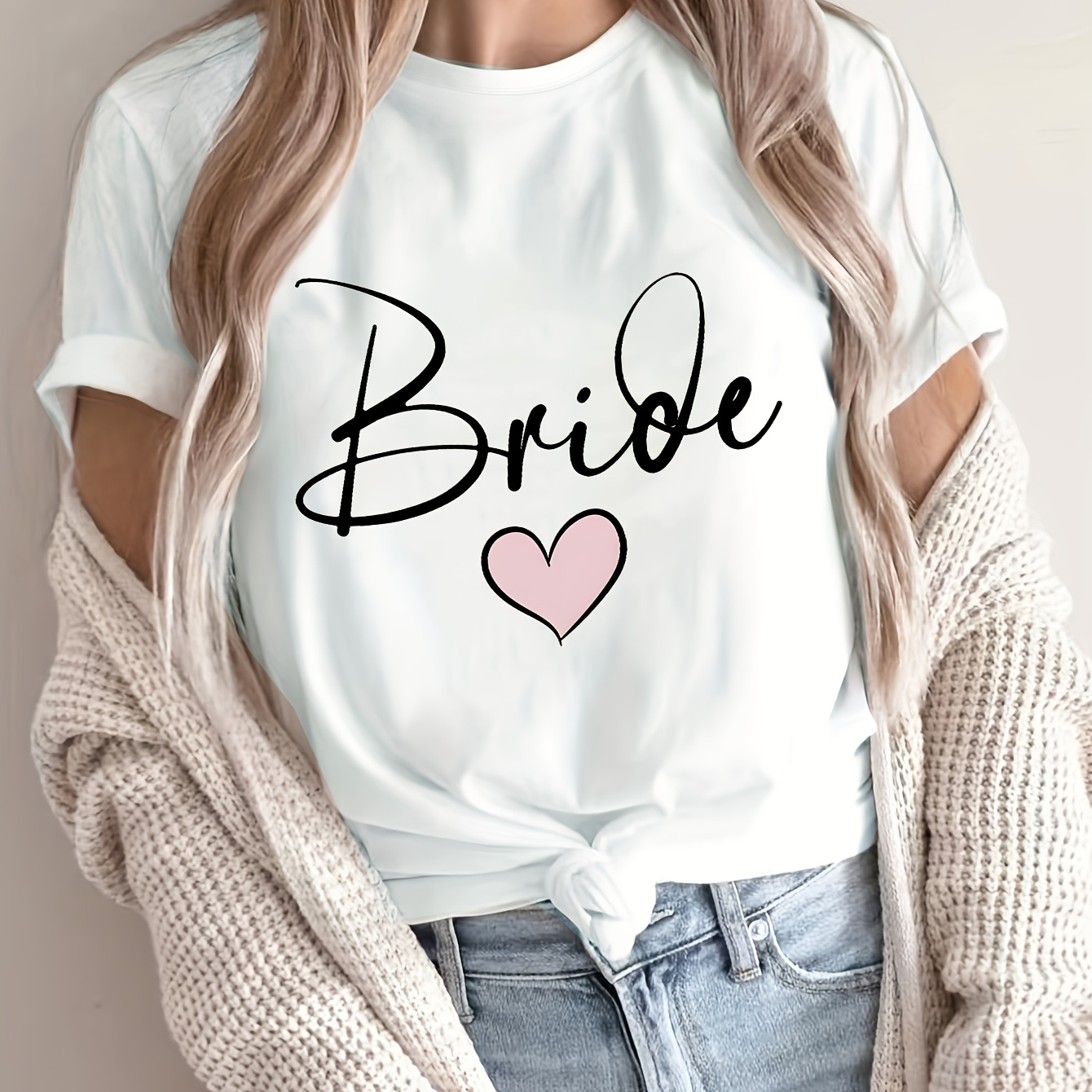 

Women's "bride" Heart Graphic T-shirt - Casual Short Sleeve Crew Neck, Gray With Pink Accents, Polyester , Spring/summer