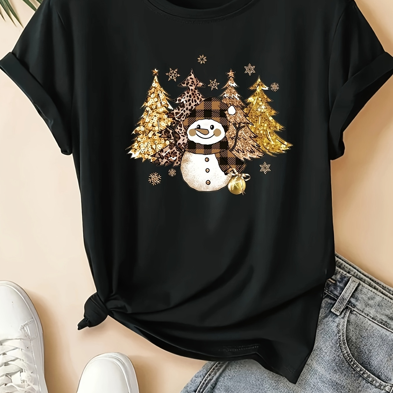 

T-shirt décontractée à manches courtes avec imprimé de sapin de Noël et pour femmes, style , longueur régulière, printemps/été/automne, haut de mode pour dames