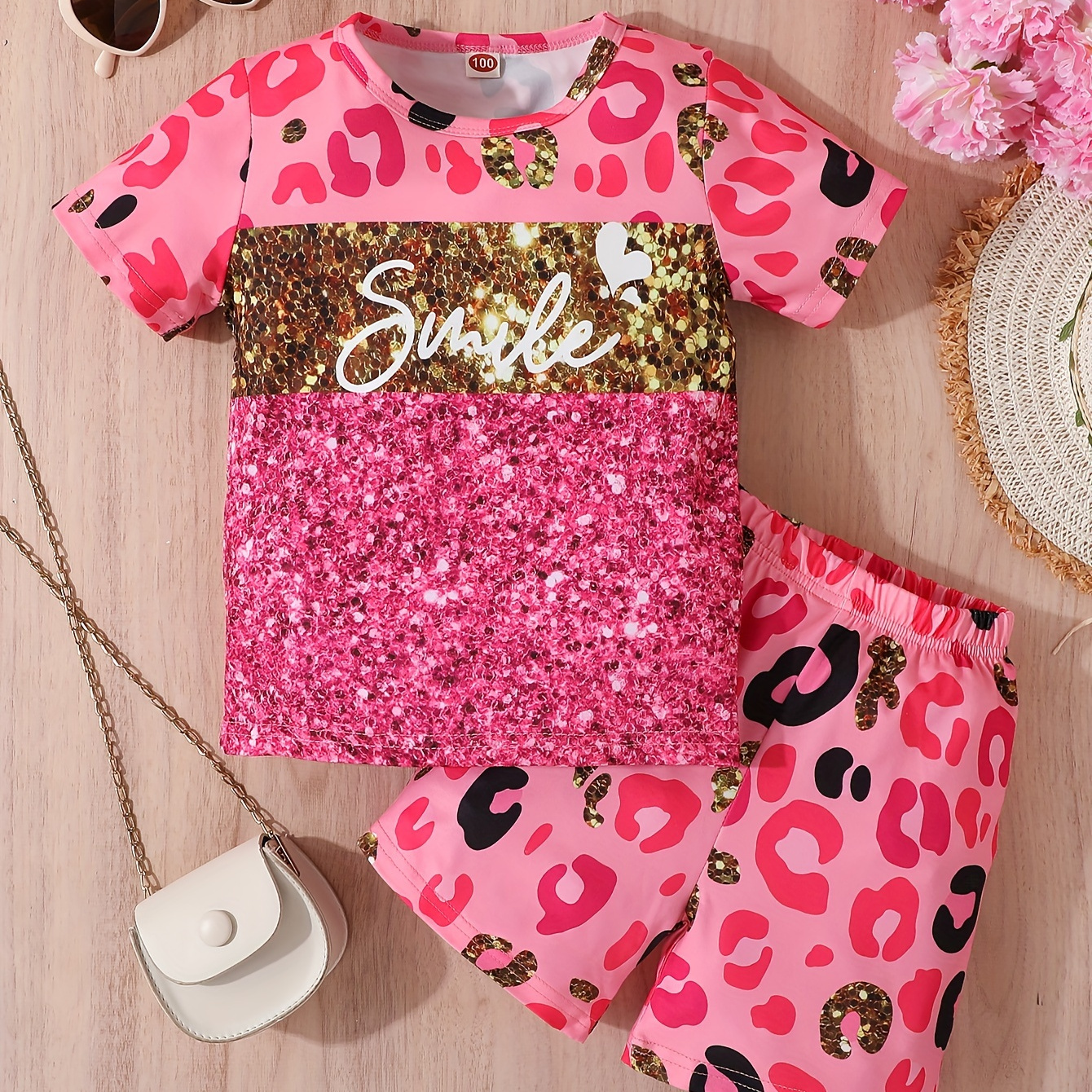 TEMU Chic Leopard Print Girl's 2pcs, Smile Letter Short Sleeve Top + Leopard Shorts Set Casual 2-piece Summer Outfit