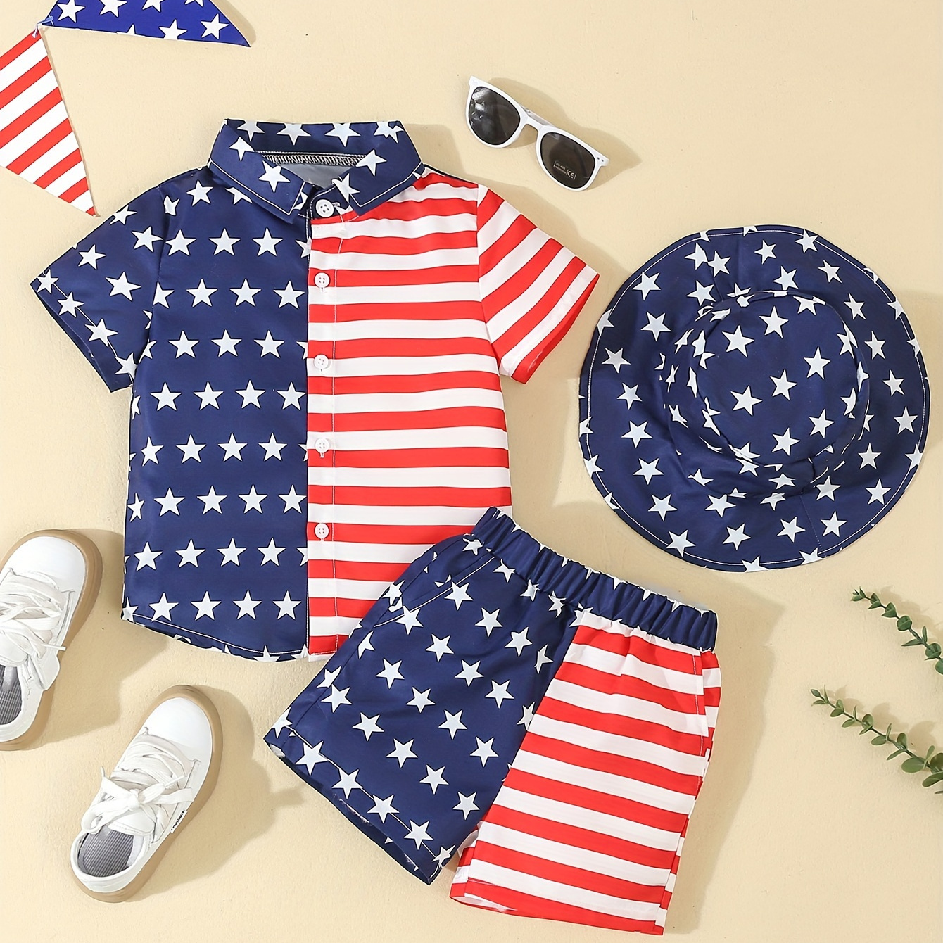 

3pcs Boys Short Sleeve Outfit, Star & Stripe Print Shirt & Hat & Shorts, Boys Clothes For Independency Day