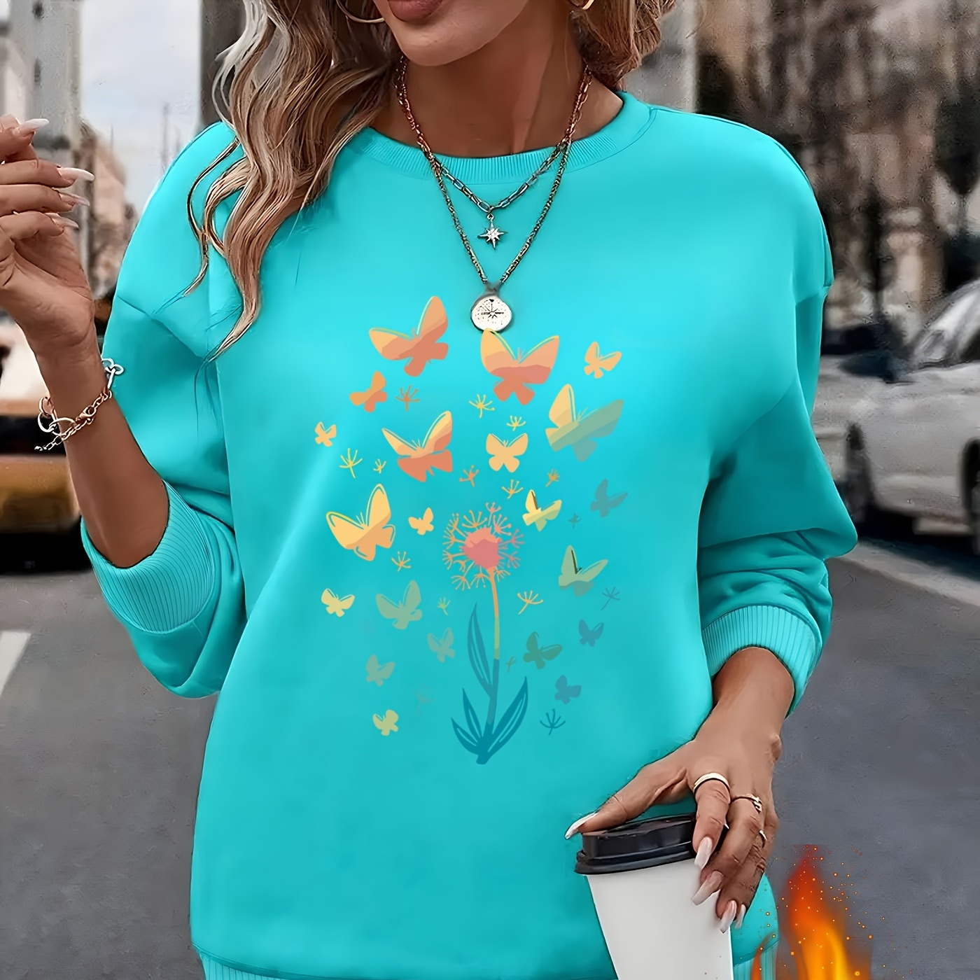 

1pc Elegant Print Fleece Long Sleeve Crew Neck Sweatshirt For Women, Polyester Knit Fabric, Fashion Pullover