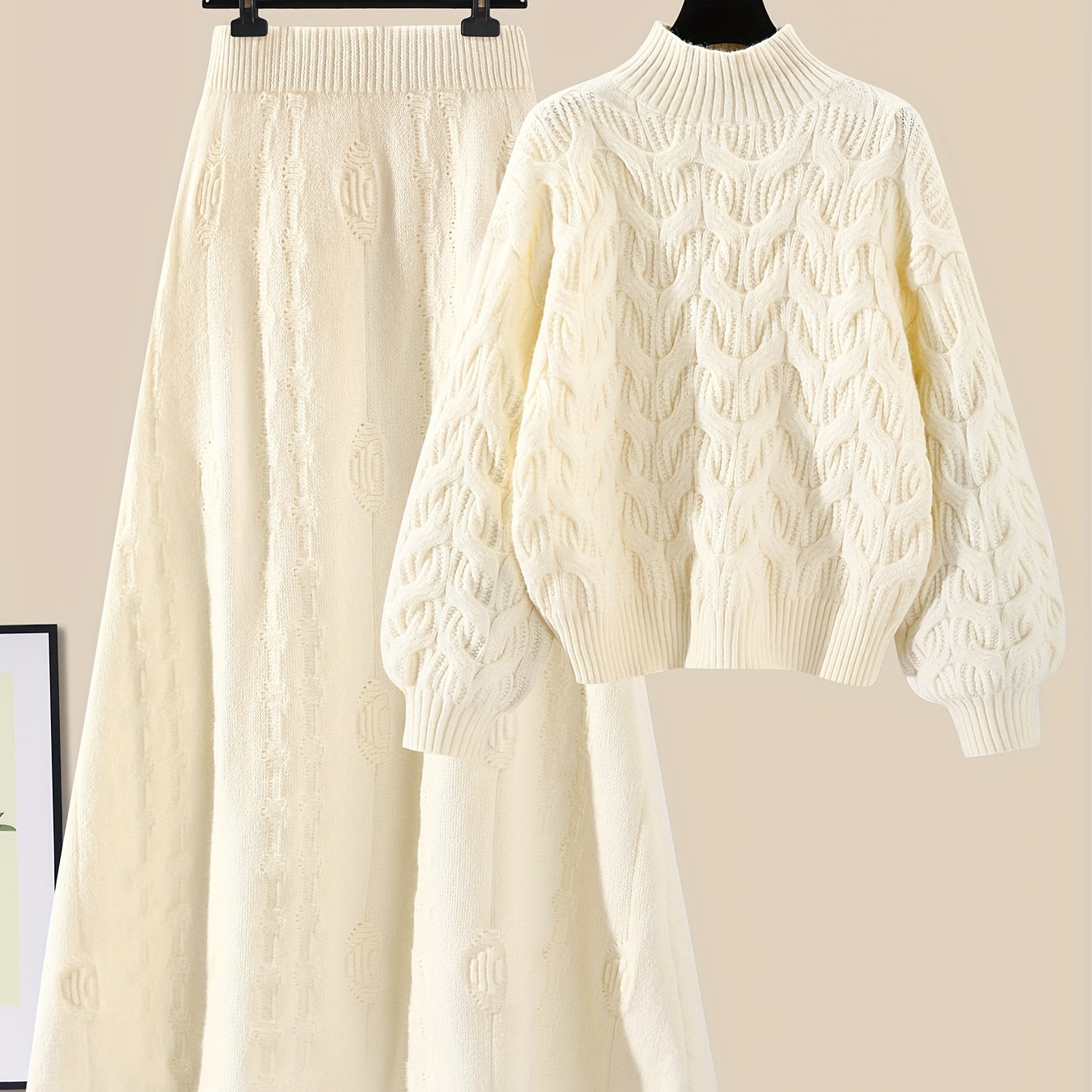 

Two-piece Women's Warm Knitwear For Autumn And Winter / Casual Cable-knit Pullover Sweater + Knitted Skirt Set