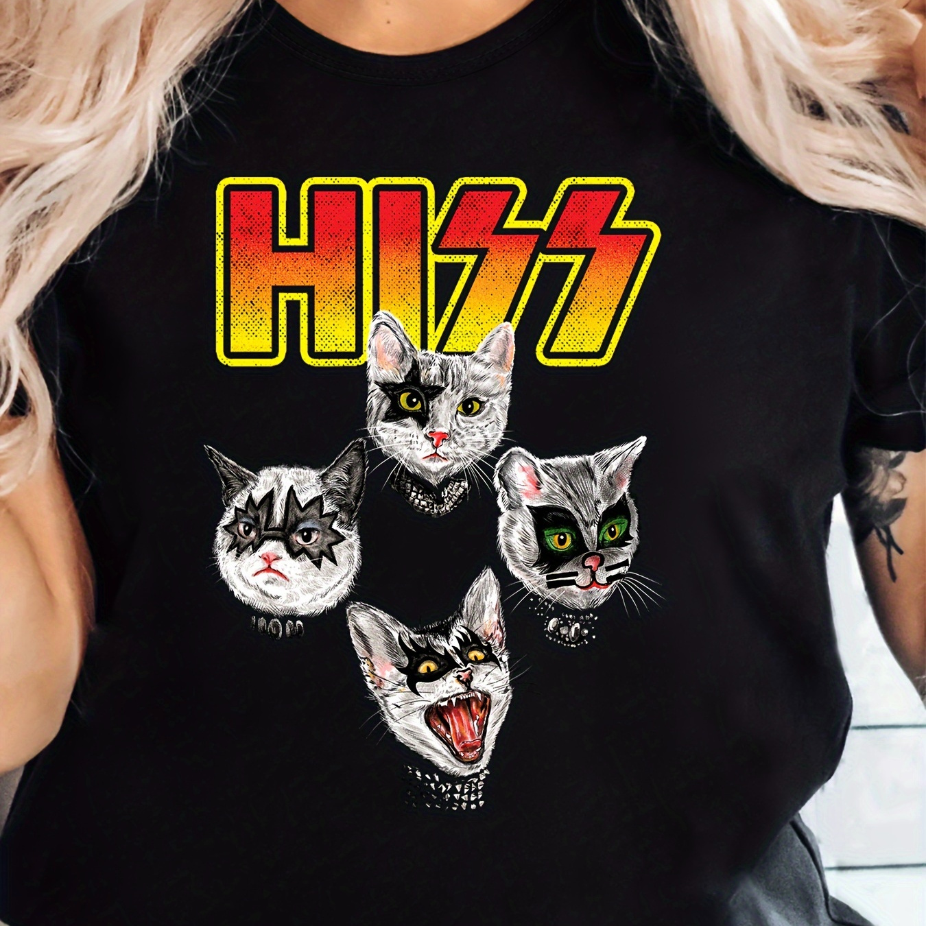 

Cat Print Crew Neck T-shirt, Casual Short Sleeve Top For Spring & Summer, Women's Clothing