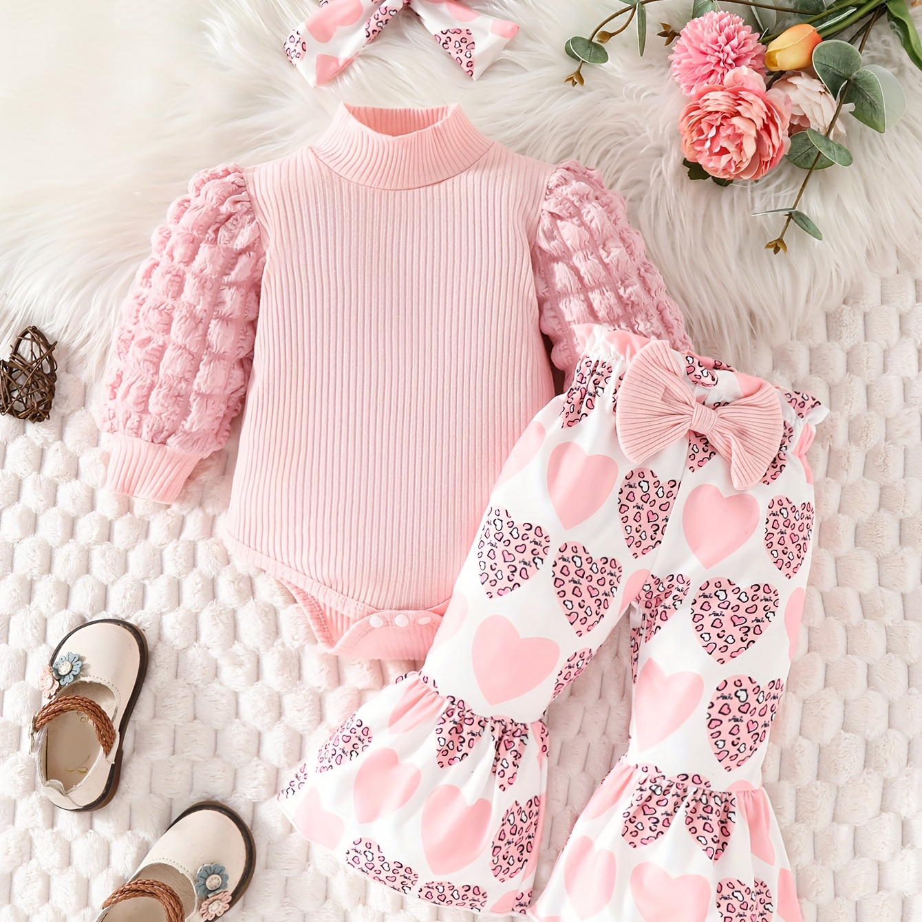 

2 pièces Vêtement Bébé - Bouffantes + Bandeau Cheveux + Pantalon Patte d'Éléphant Imprimé Léopard Cœur, Extérieure Enfant en Bas Âge