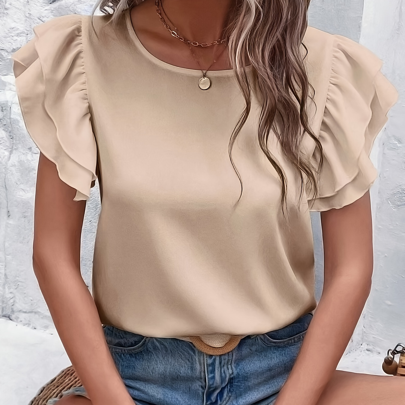 

Solid Layered Ruffle Trim Blouse, Casual Crew Neck Blouse For Spring & Summer, Women's Clothing