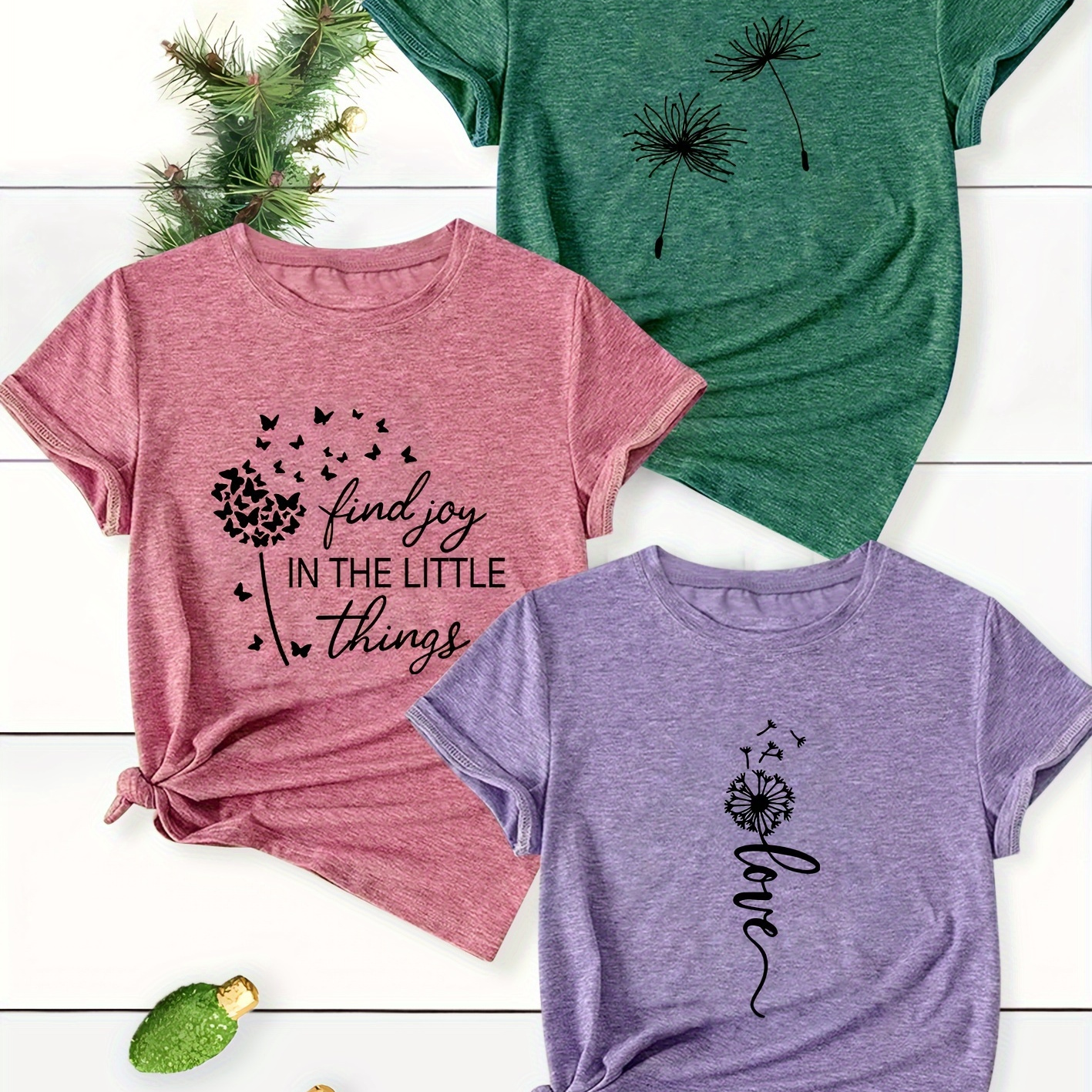 

Vintage Style Dandelion Print T-shirts For Women, 3-pack, Medium Stretch , Knit Fabric, Round Neck, Graphic Pattern, Casual Wear