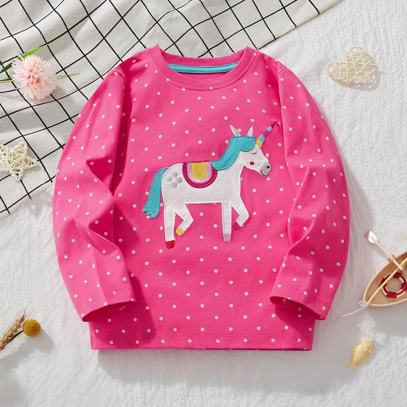 

100% Cotton Comfy Breathable Polka Unicorn Graphic Long Sleeve T-shirt Pullover Outdoor Gift For Girls