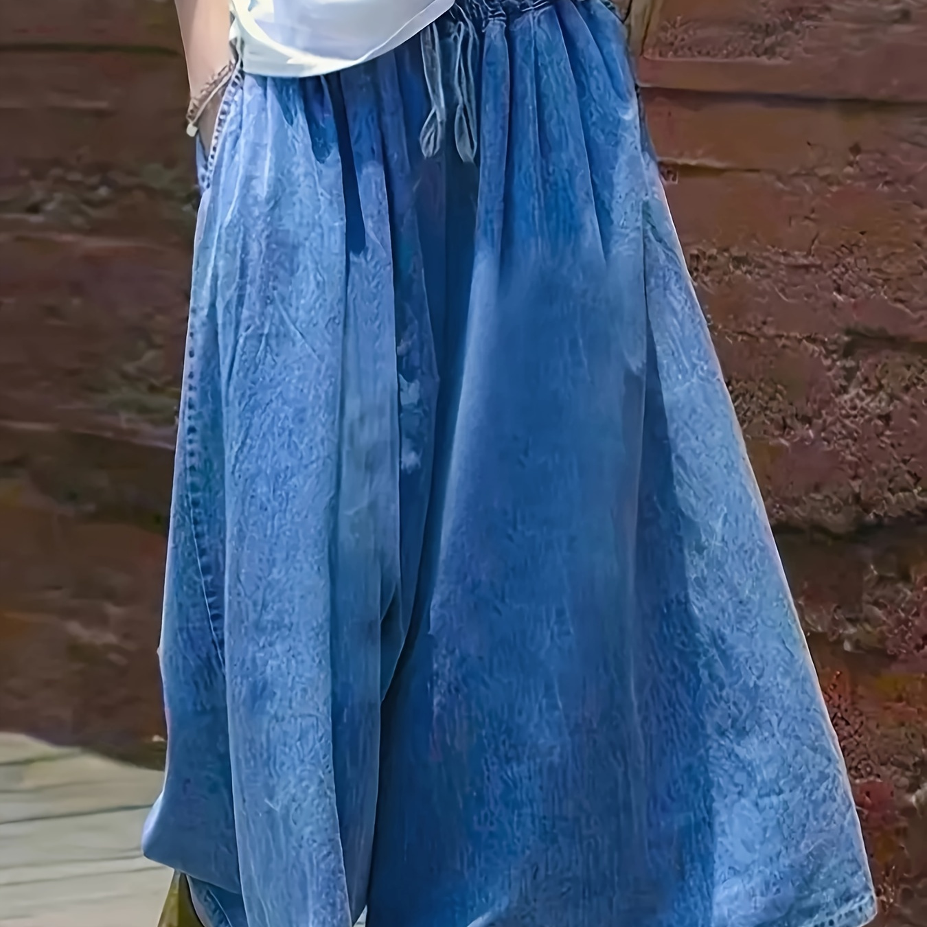 

Women's Summer Ultra-thin Plain Washed Blue Soft Flowy Elastic Waist Drawstring Wide-leg Pants, Casual Style Denim Look