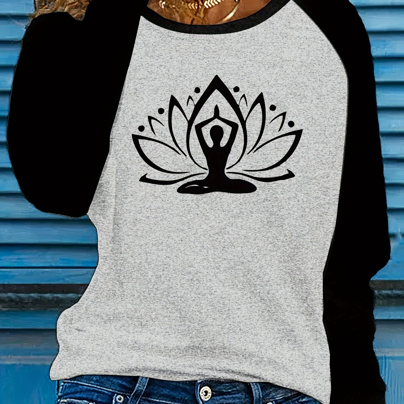 

1pc 's Long T- Lotus Graphic , Pullover, Regular Fit Tee