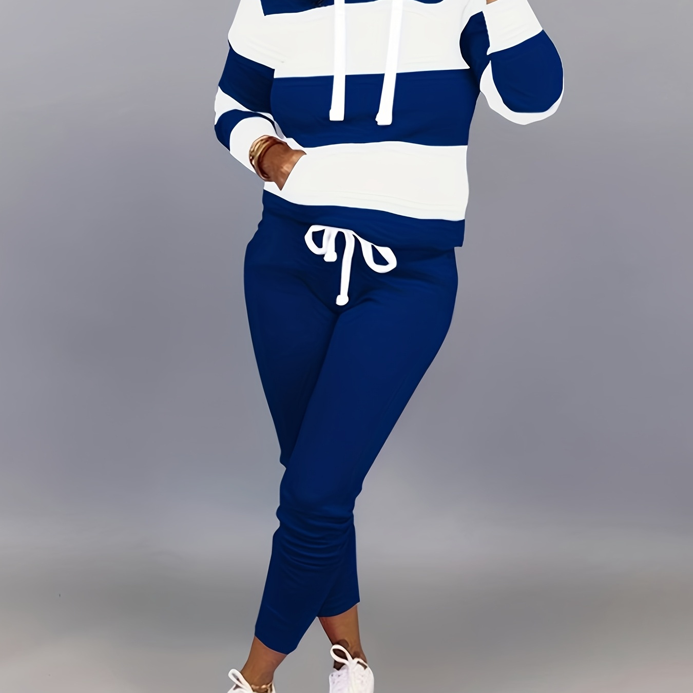 

Women'-piece Athletic Clothing Set - Striped Long Sleeve Hoodie & Joggers, V-neck, Waistband, Polyester , Machine Washable - Casual & Jogging, Athletic Outfit|| Fabric