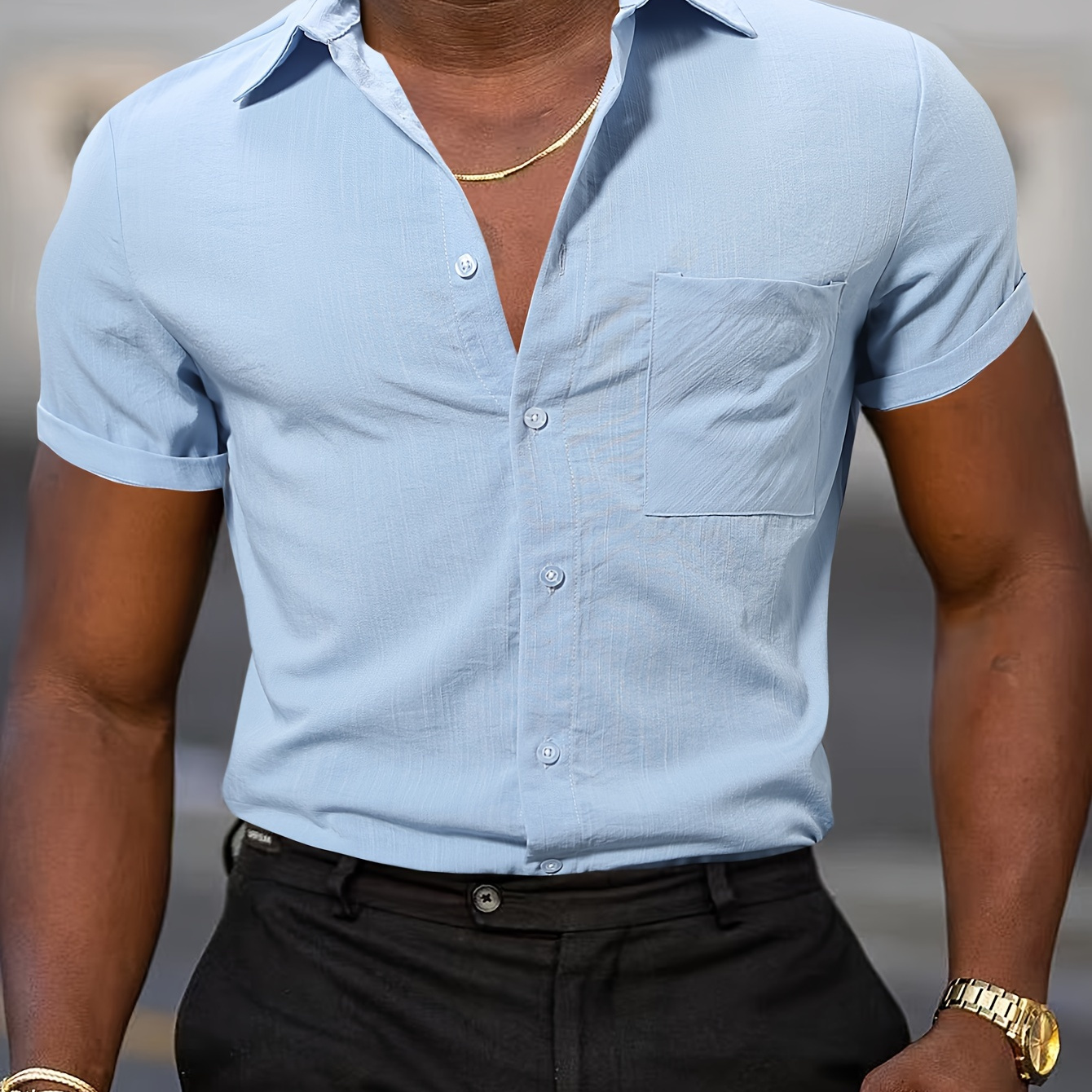 

Men's Classic Short Sleeve Solid Color Shirt, Lapel Collar Short Sleeve And Button Down, 1 Breasted Pocket, Versatile And Casual Shirt For Summer Outdoors Activities And Leisurewear