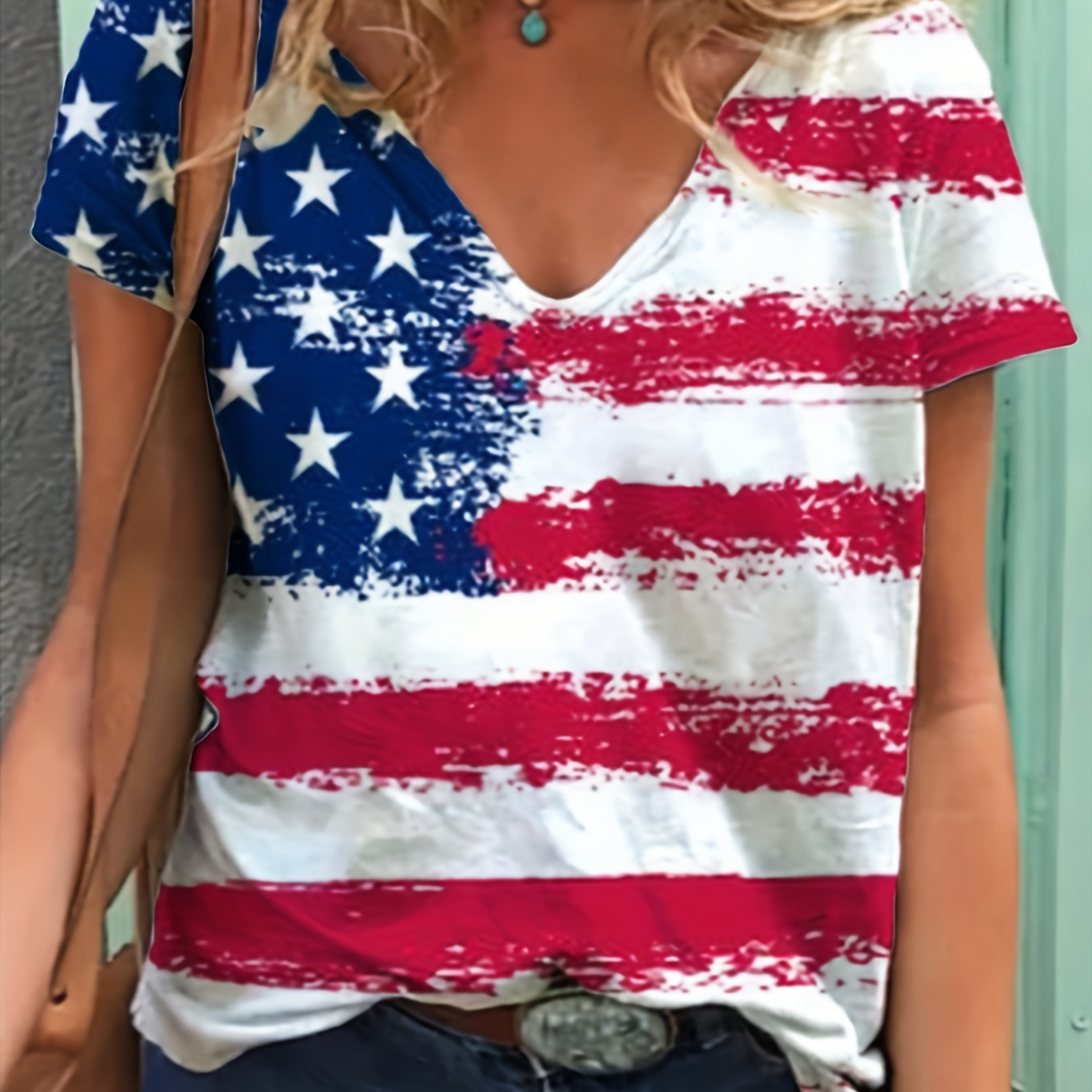

Independence Day Flag Print T-shirt, Casual V Neck Short Sleeve T-shirt For Spring & Summer, Women's Clothing