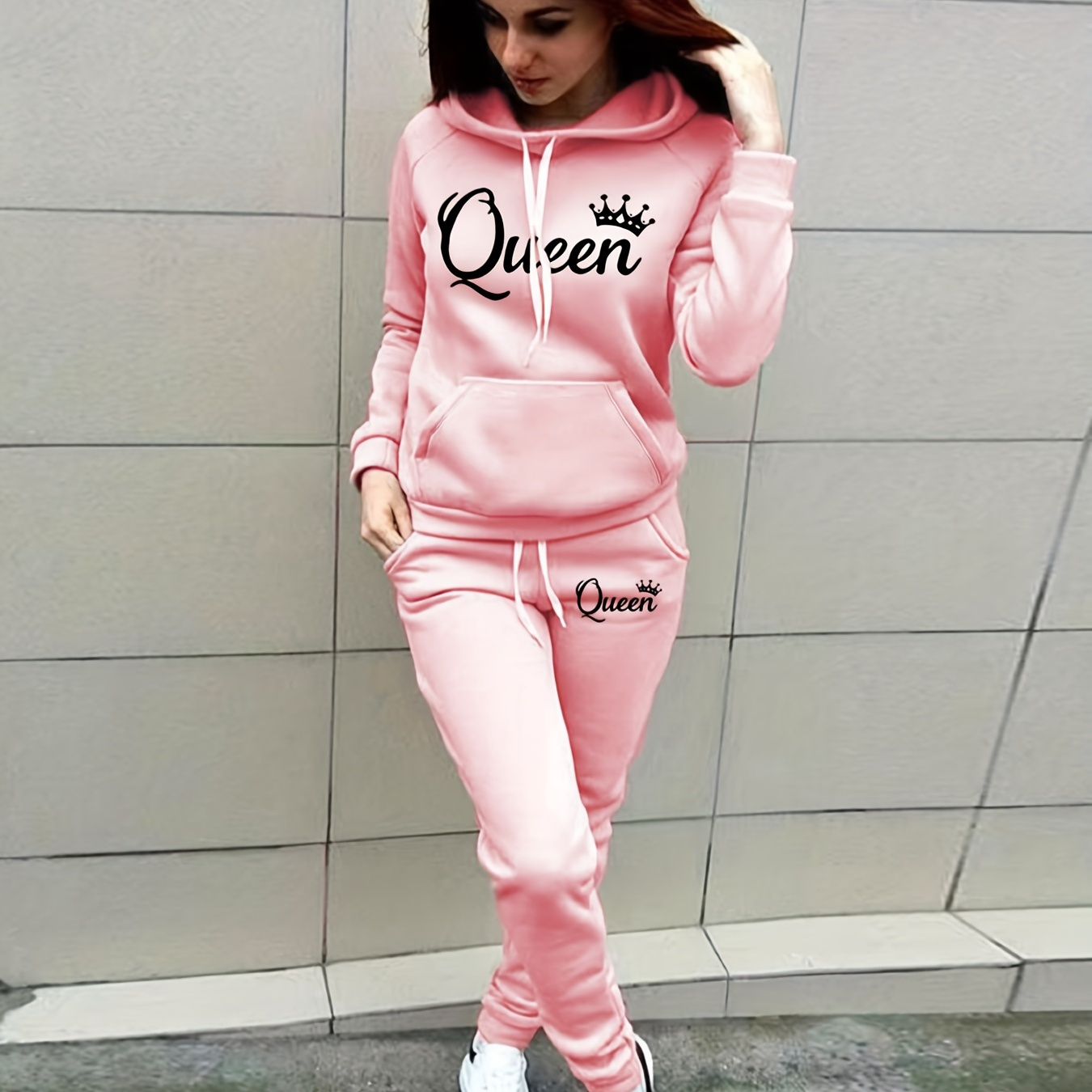 

Solid Color Two-piece Suit, Casual Long Sleeve Sweatshirt And Drawstring Jogging Pants Suit, Women's Wear