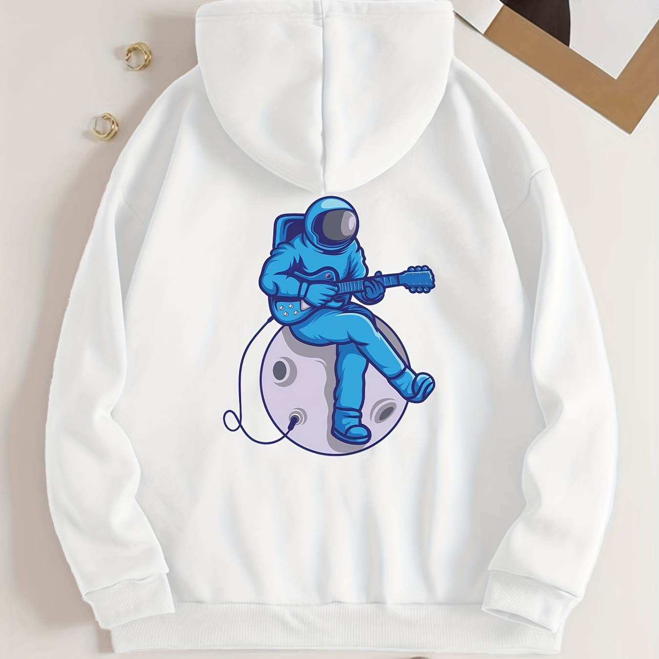 

Astronaut Playing Guitar Pattern Zip Up Hooded Sweatshirt, Men's Casual Stretch Hoodie With Kangaroo Pocket For Fall Winter