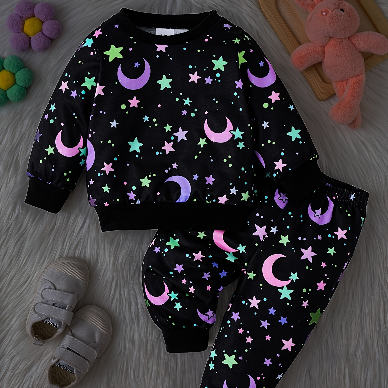 

Baby Fluorescent Star-studded Pattern Trendy Sweatshirts And Sweatpants Set, Kid's Party Hang Out Casual Clothes