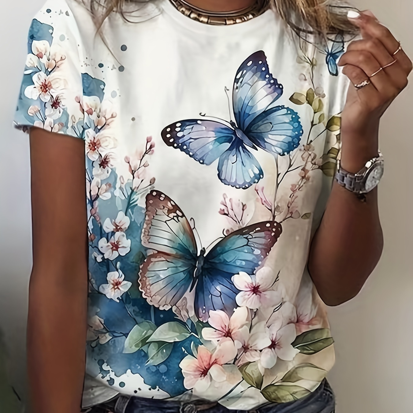 

T-shirt À Col Rond Imprimé Papillon, T-shirt Décontracté À Manches Courtes Pour Le Printemps Et L'été, Vêtements Pour Femmes