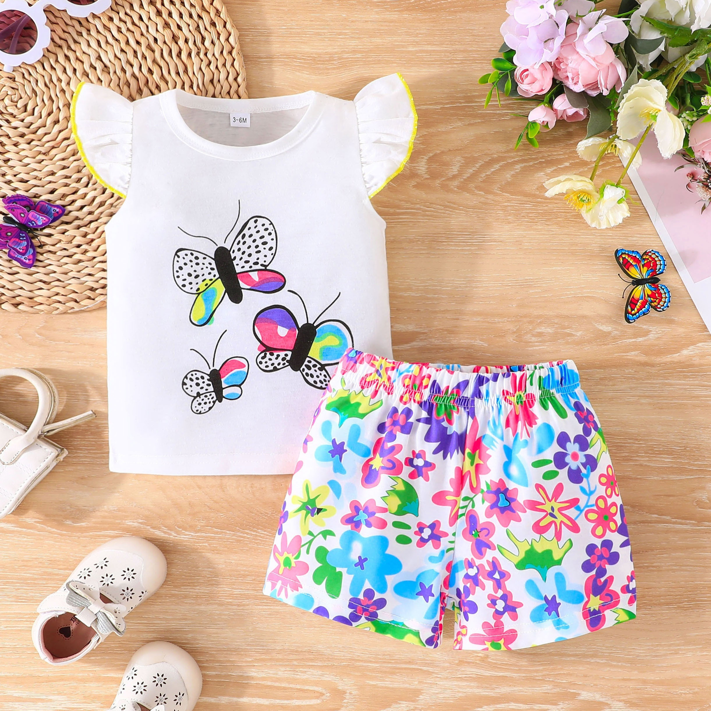 

Baby's Cartoon Butterfly Print 2pcs Casual Summer Outfit, Cap Sleeve Top & Colorful Flower Pattern Shorts Set, Toddler & Infant Girl's Clothes For Daily/holiday/party