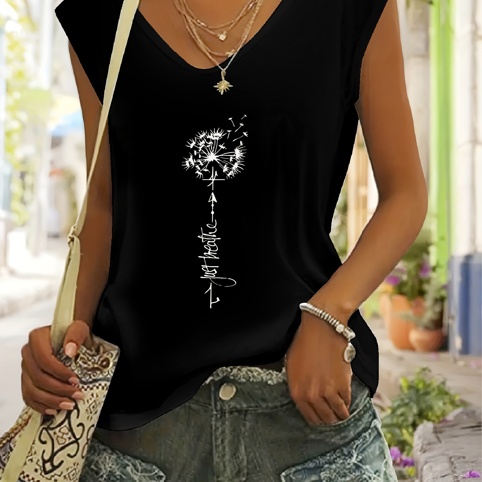 

Dandelion Print V Neck T-shirt, Short Sleeve Casual Top For Spring & Summer, Women's Clothing