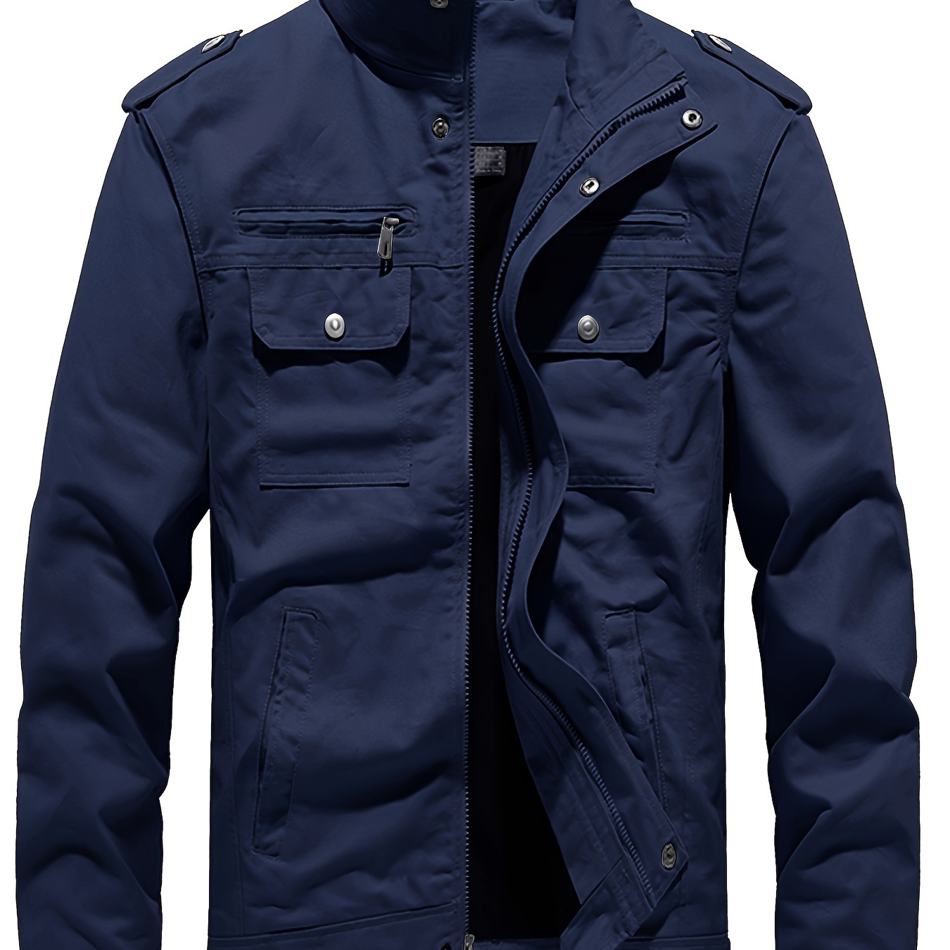 

Men's Navy Trench Coat With Stand Collar, Double-breasted Zippers & Multiple Pockets - Casual Windproof Jacket For Casual Attire