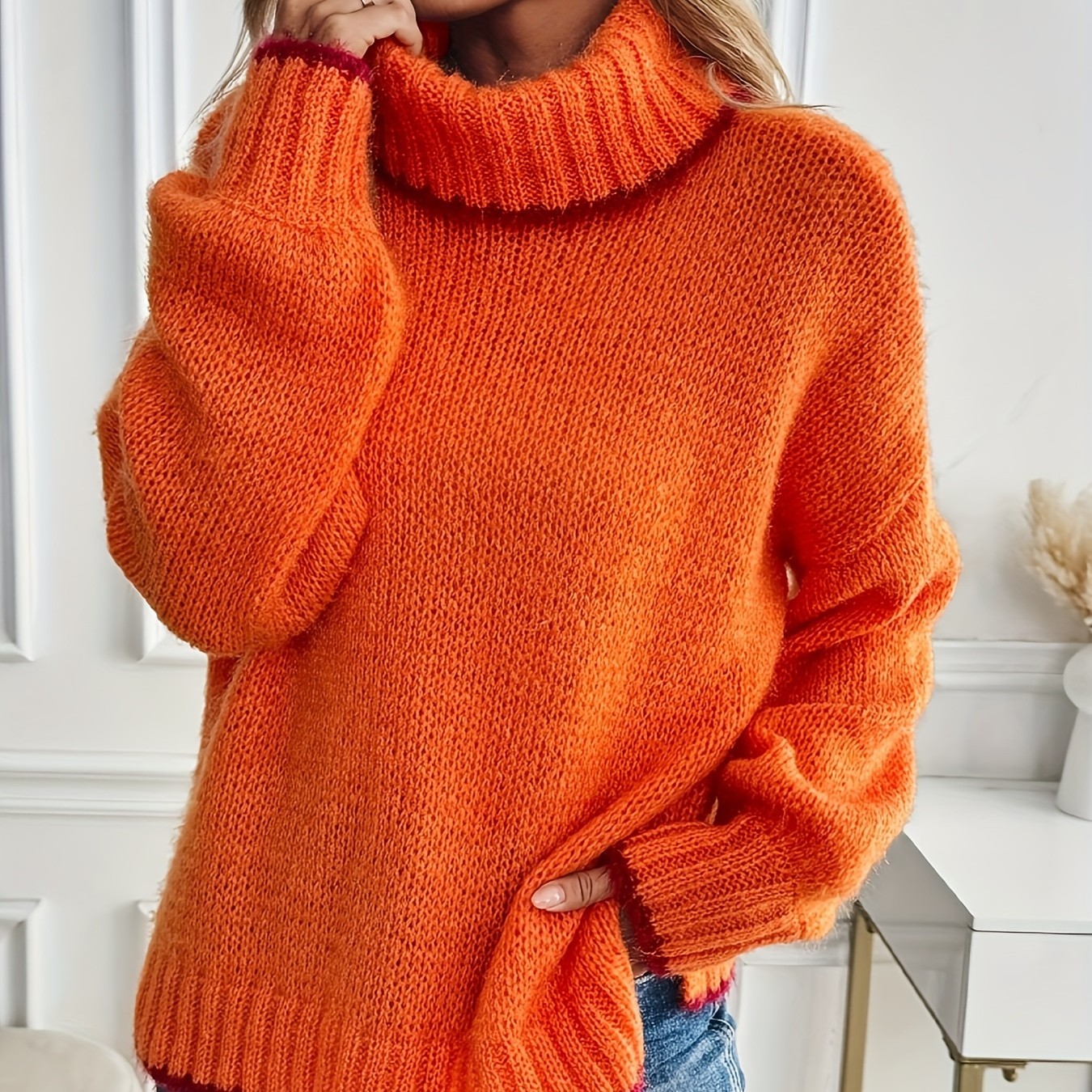 

Women's Casual Orange Turtleneck Sweater - Cozy Loose Fit, Long Sleeve, Drop Shoulder, Polyester Knit Pullover For Fall And Winter