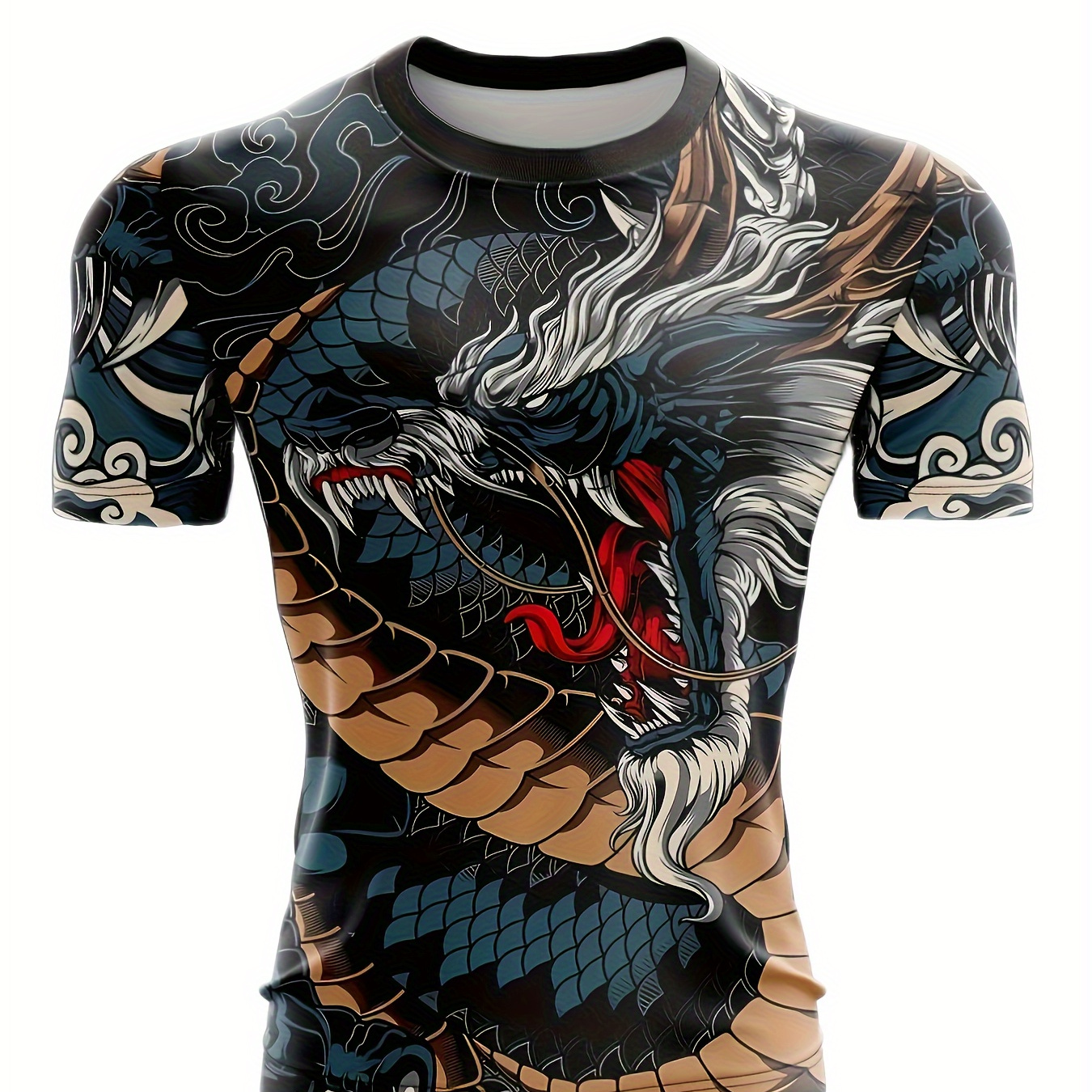 

Auspicious Dragon Pattern Men's Novelty Short Sleeve Round Neck Stretch T-shirt For Summer Outdoor