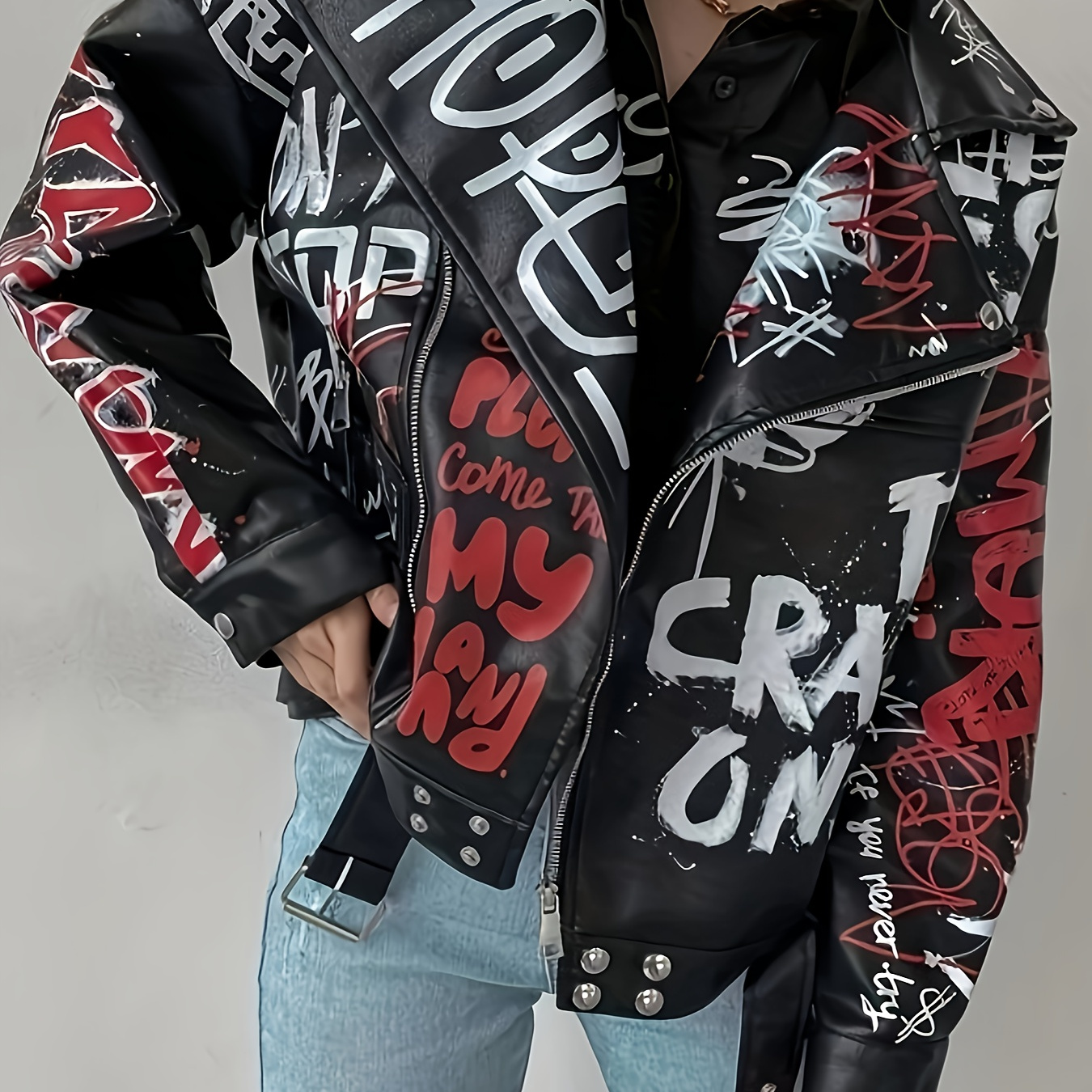 

Women's Edgy Graffiti-style Leather Jacket - Gothic Punk With Lettering, Zip-up, Long Sleeves, And Pockets, Machine Washable