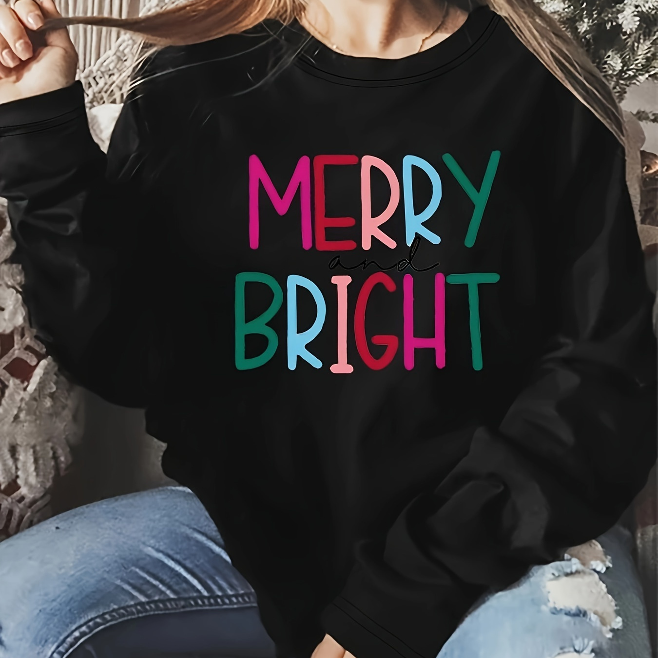 

Women's Plus Size Christmas Tee - Casual Long Sleeve With Vintage Art Letter Print, Crew Neck, Soft Polyester