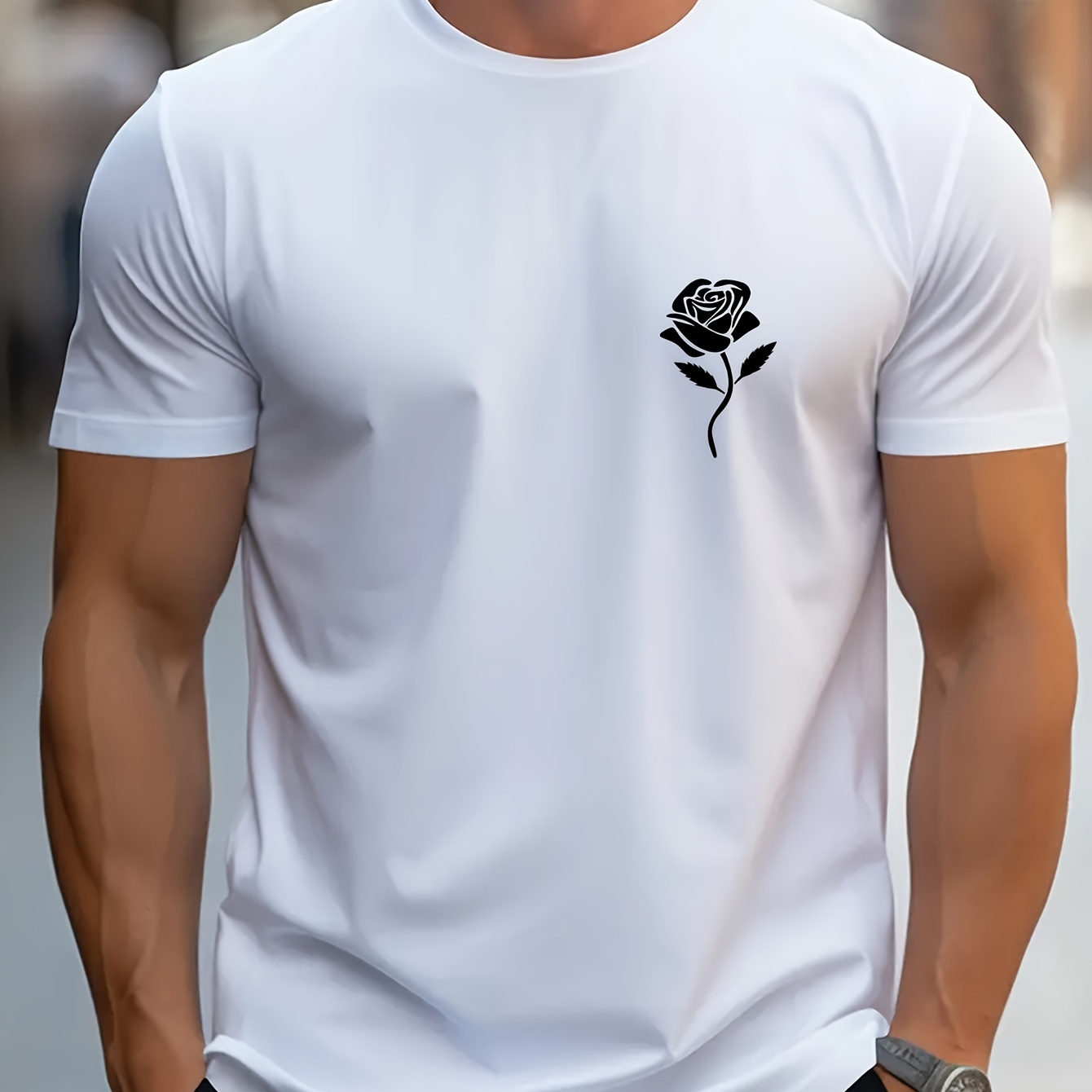 

Men's Street Style T-shirt, Rose Print Short Sleeve Crew Neck Comfortable Summer Sports Tee Tops