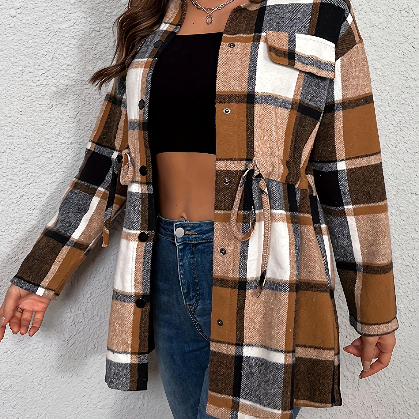 

Plaid Print Button Front Jacket, Casual Long Sleeve Drawstring Waist Jacket For Spring & Fall, Women's Clothing