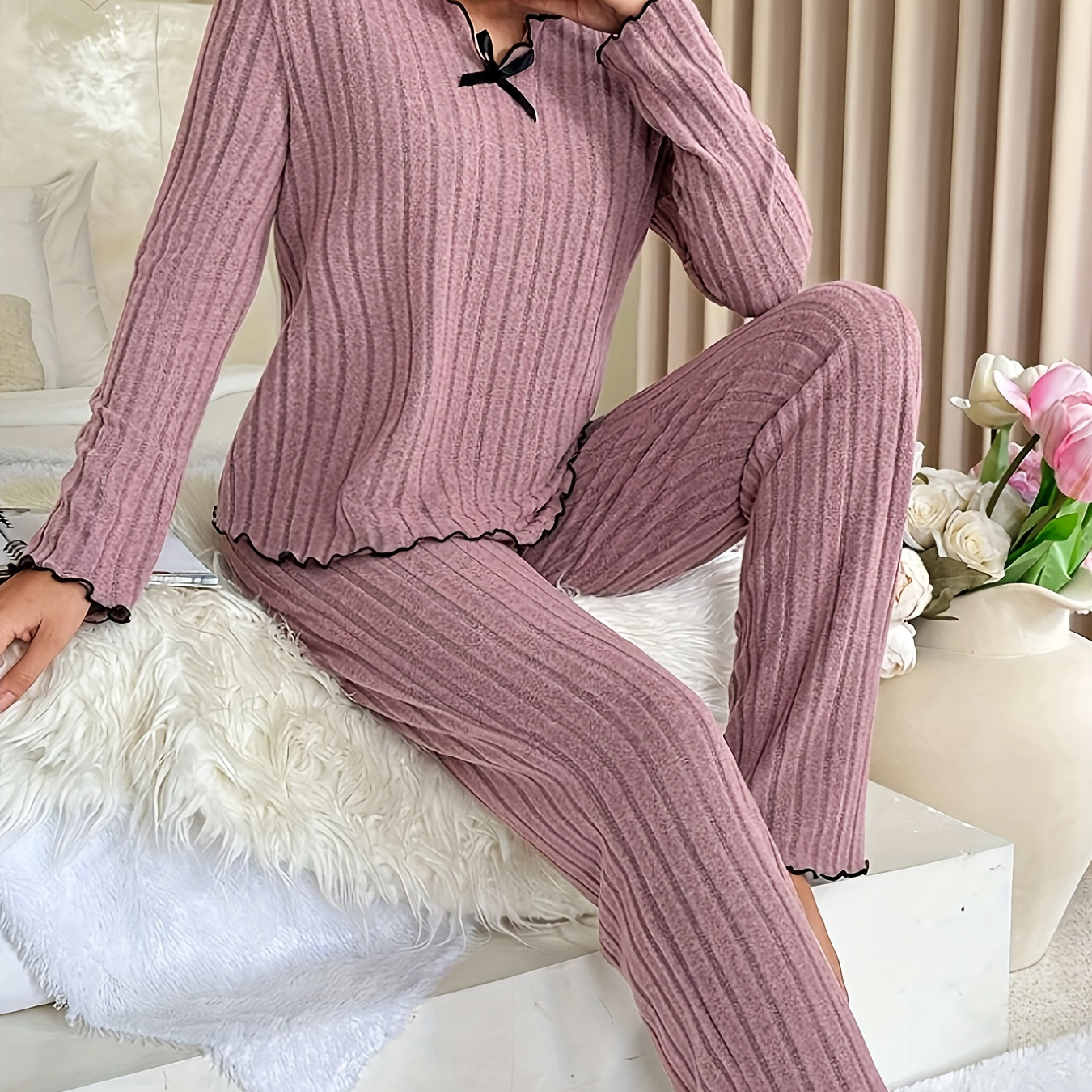 

's Ribbed Set, Long Bow Decor Top & Pants, Comfortable Fall