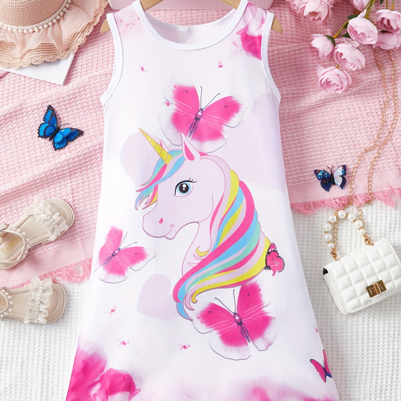 

Trendy Girls Graphic Sleeveless Dress With Unicorn Print