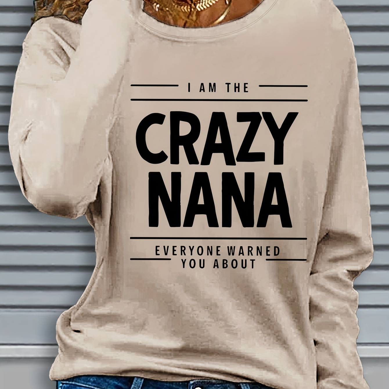 

Women's "crazy " Letter Print Long Sleeve Crew Neck T-shirt, Casual Knit Polyester Top With Slight Stretch, Regular Fit Pullovers For Fall/winter - 100% Polyester, 180g/m²