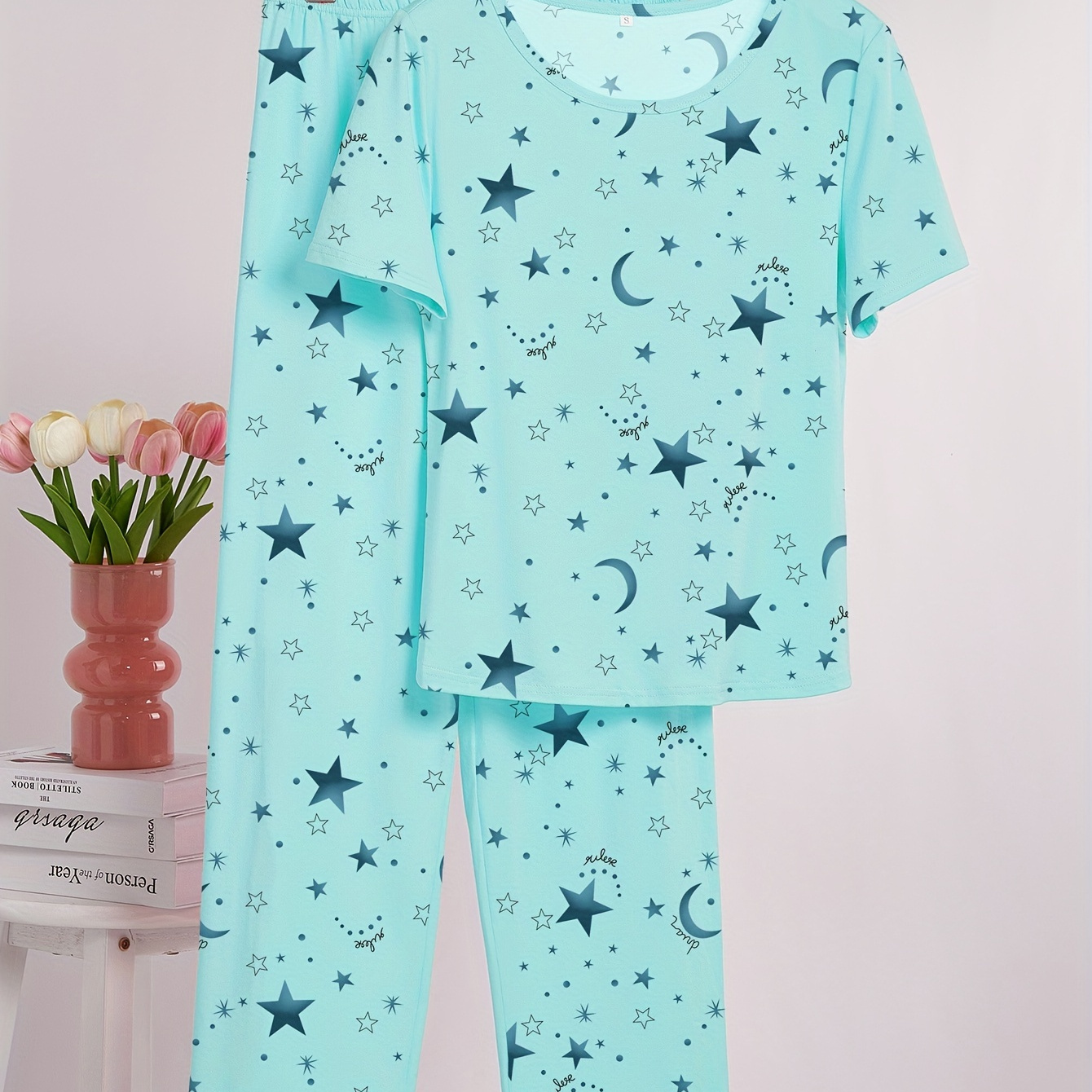 

Women's Print Pajama Set - Short Sleeve Top & Long Pants, Stretchy Polyester , Machine Washable