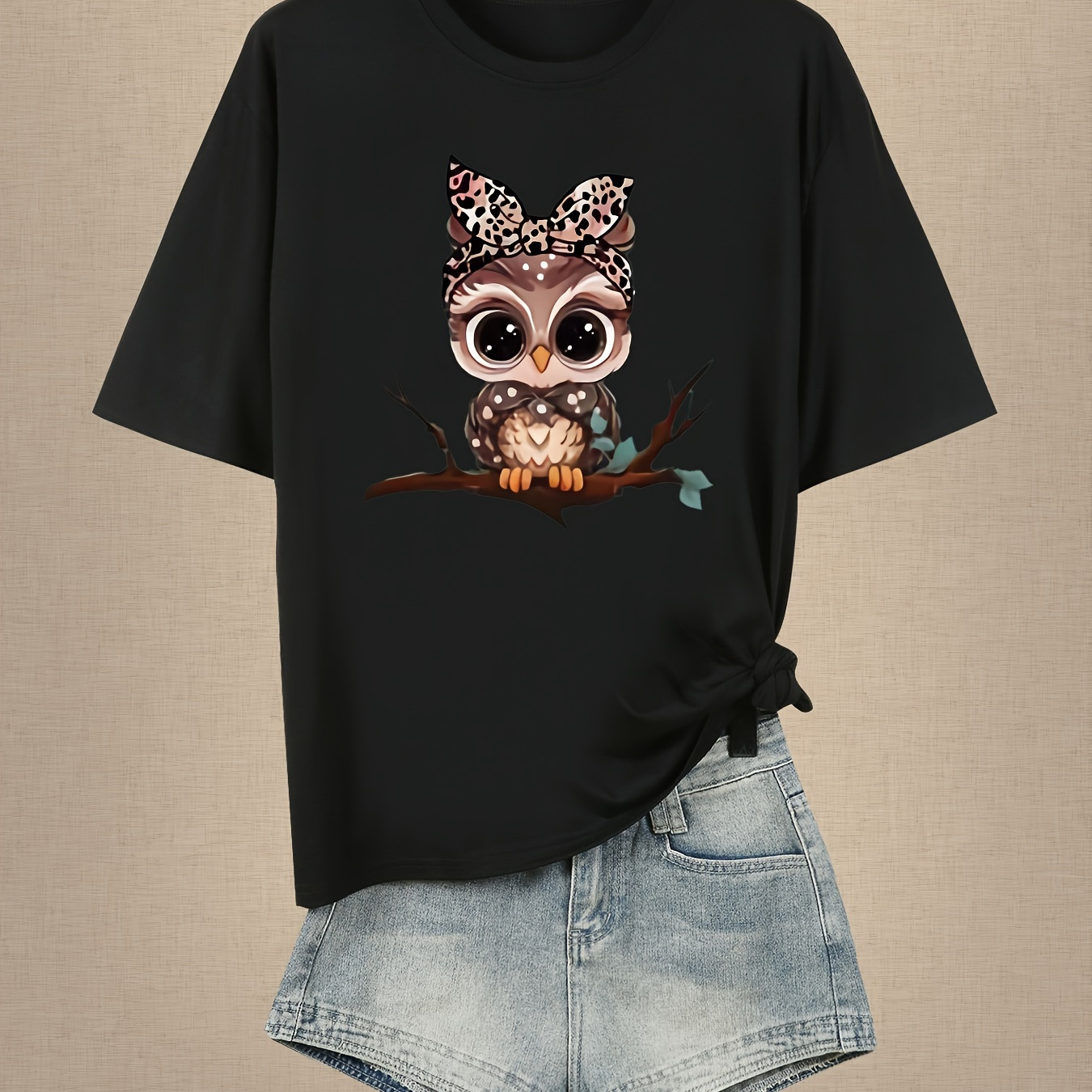 

Plus Size Owl Print T-shirt, Short Sleeve Crew Neck Casual Top For Summer & Spring, Women's Plus Size Clothing