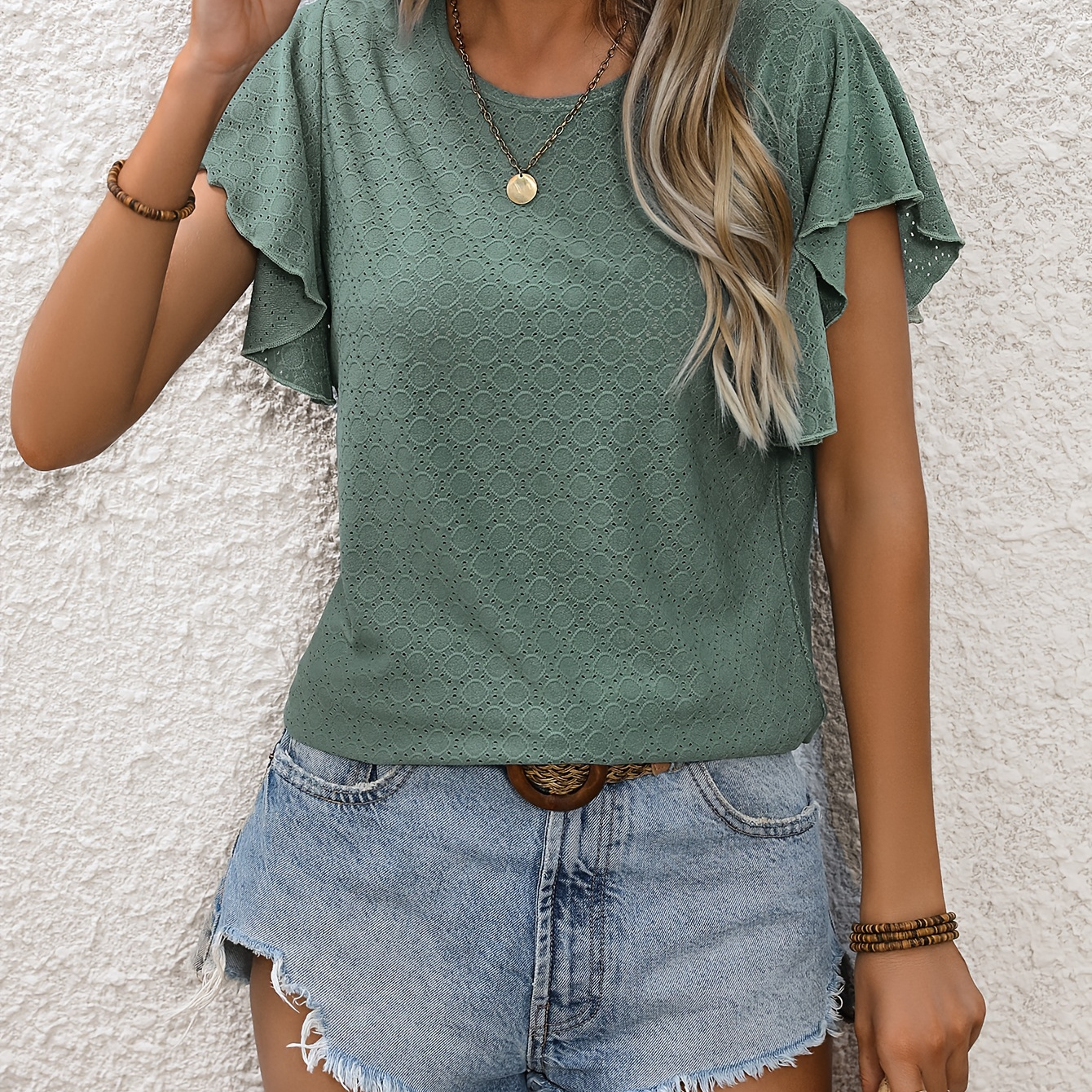 

Eyelet Crew Neck T-shirt, Casual Ruffle Sleeve Top For Spring & Summer, Women's Clothing