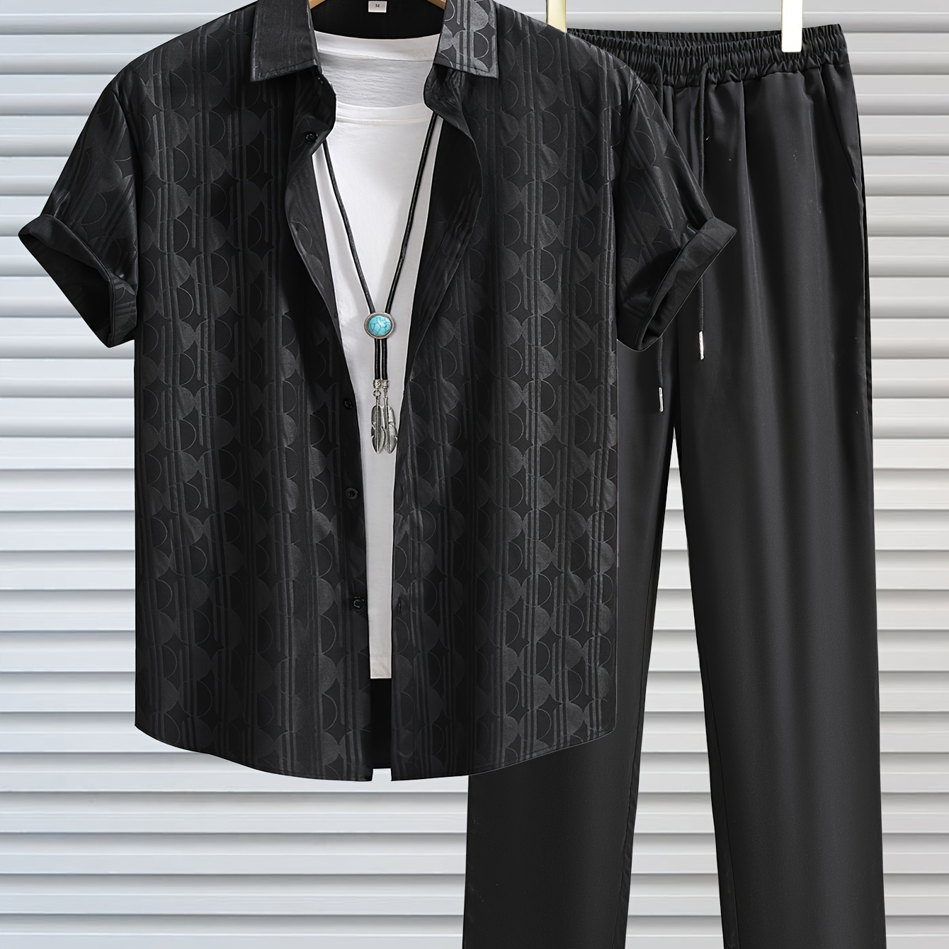 

Men's Outfit, Casual Geometric Graphic Print Lapel Short Sleeve Button Up Shirt & Drawstring Pants 2-piece Set For Outdoor Activities