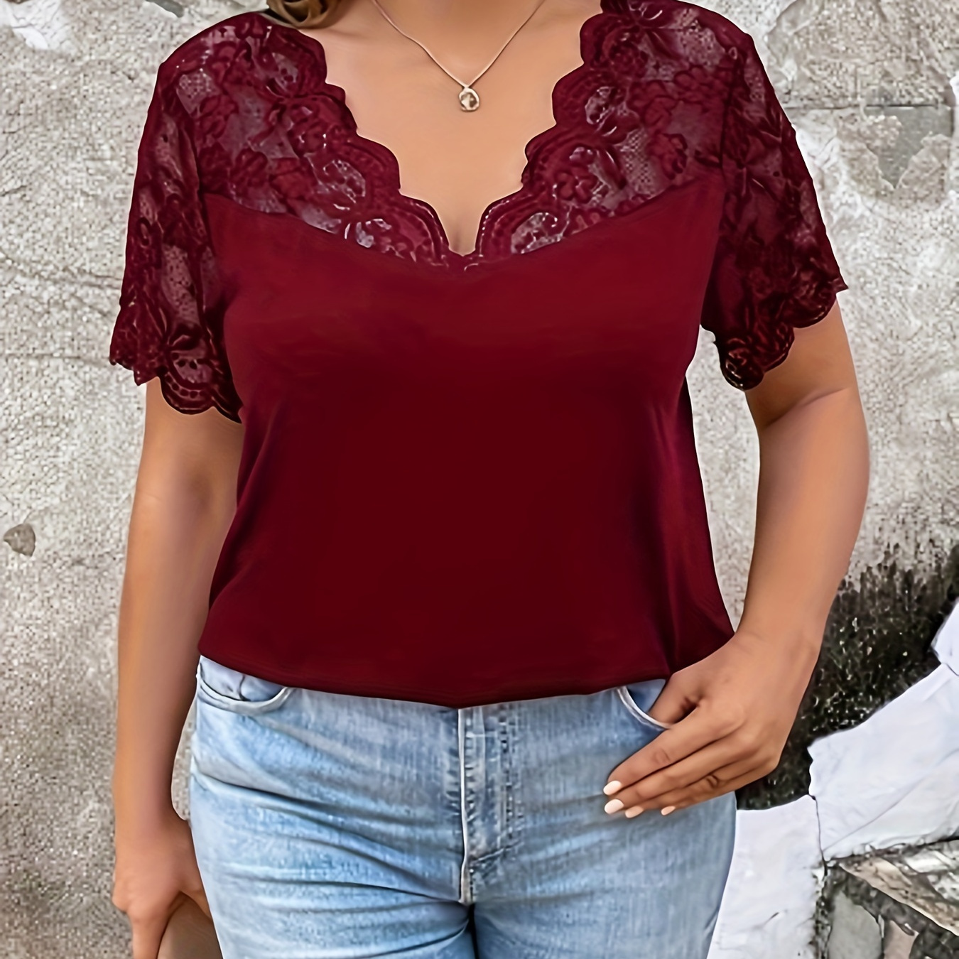 

Plus Size Lace Stitching V Neck T-shirt, Casual Short Sleeve Top For Spring & Summer, Women's Plus Size Clothing