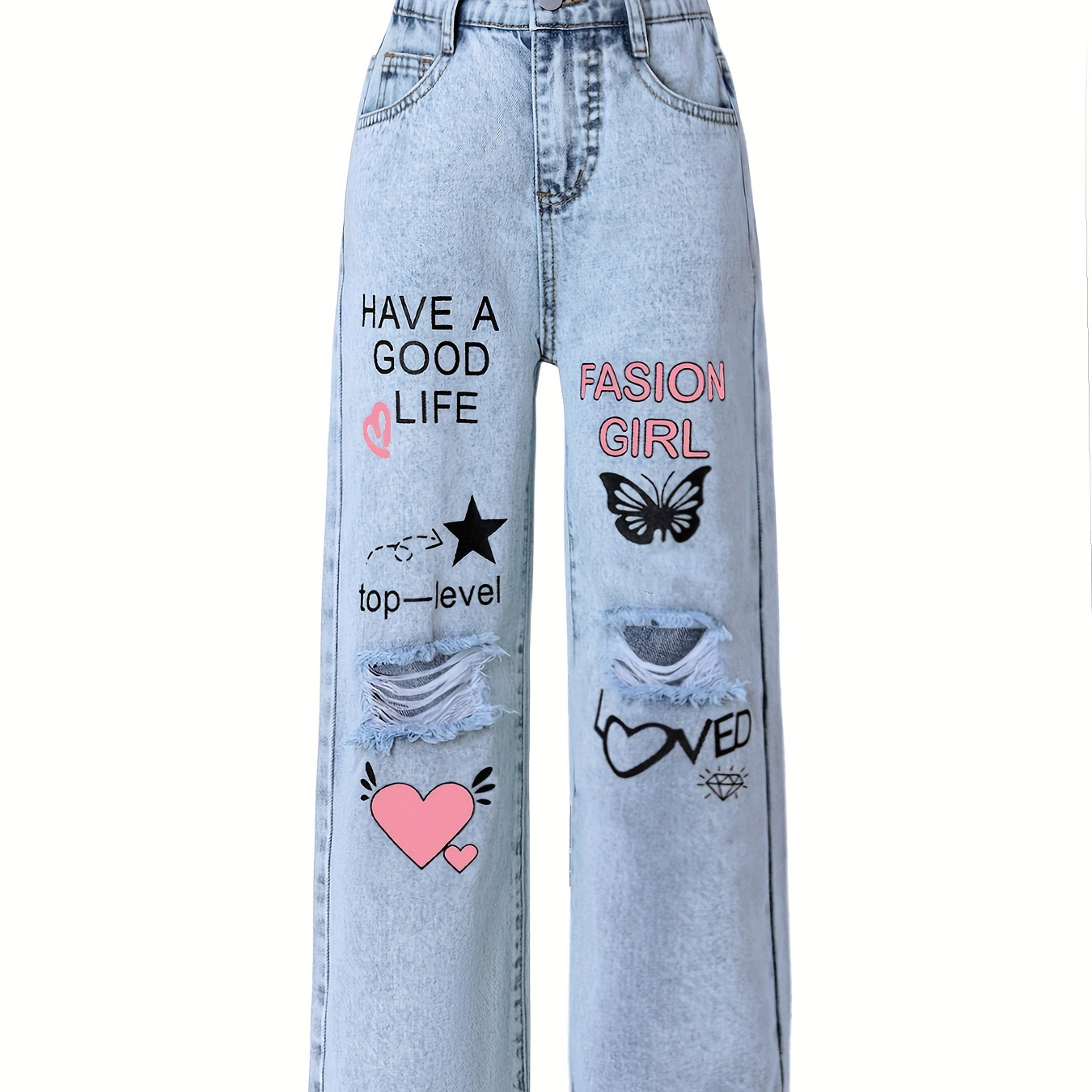 

Girls 2024 Fashion Distressed Washed Wide Leg Long Length Denim Jeans, Non-stretch Fashion Print Zipper Fly Jeans With Popular Snowflake Patterns