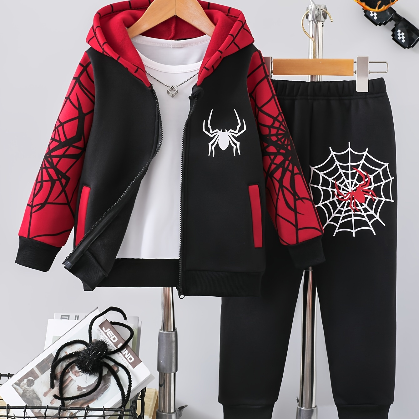 

2- Boys' Outfit, Thickened Fleece Spider Web , Hooded Sweatshirt And Pants Set, ' Clothing, For /, Polyester , Regular Fit, , For