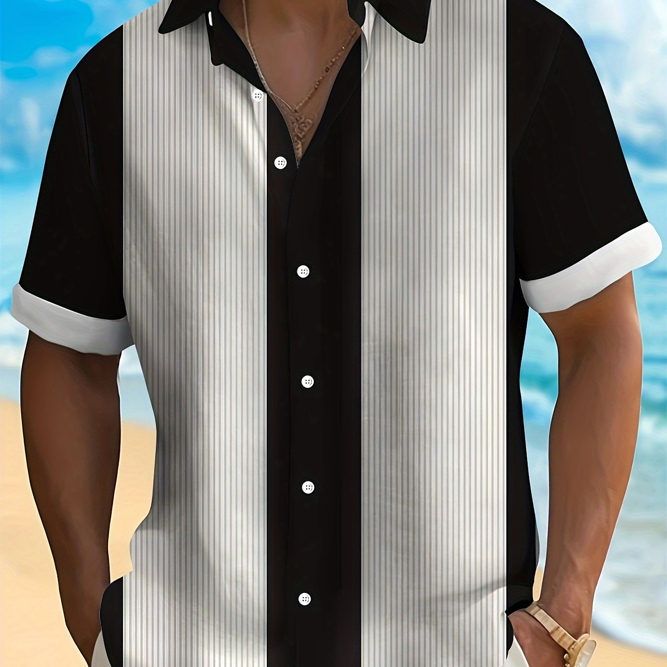 

Men's Color Blocking Striped Short Sleeve Shirt For Summer, Casual Comfy Shirt As Gift, Breathable, Button Down