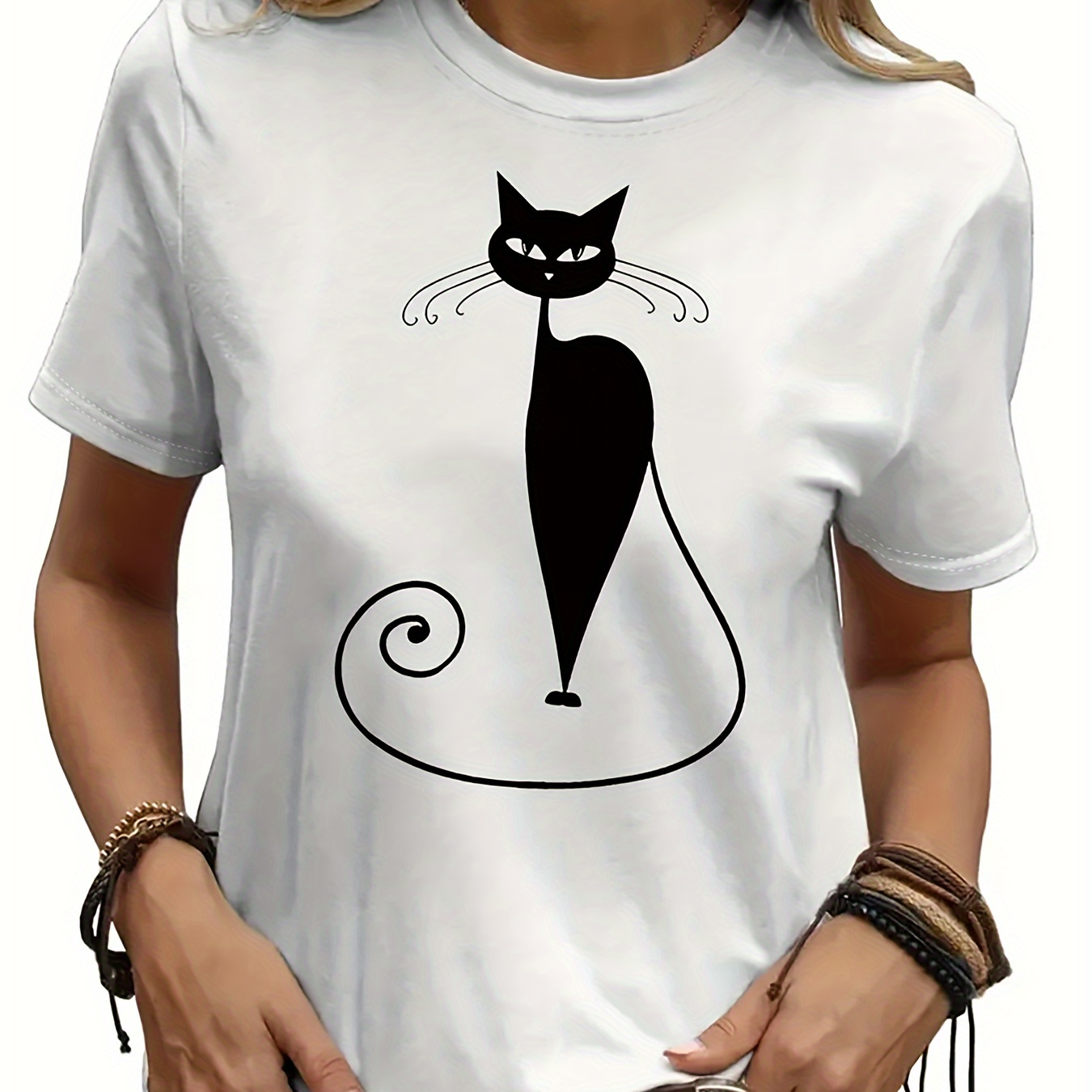 

Cat Print Crew Neck T-shirt, Casual Short Sleeve Top For Spring & Summer, Women's Clothing